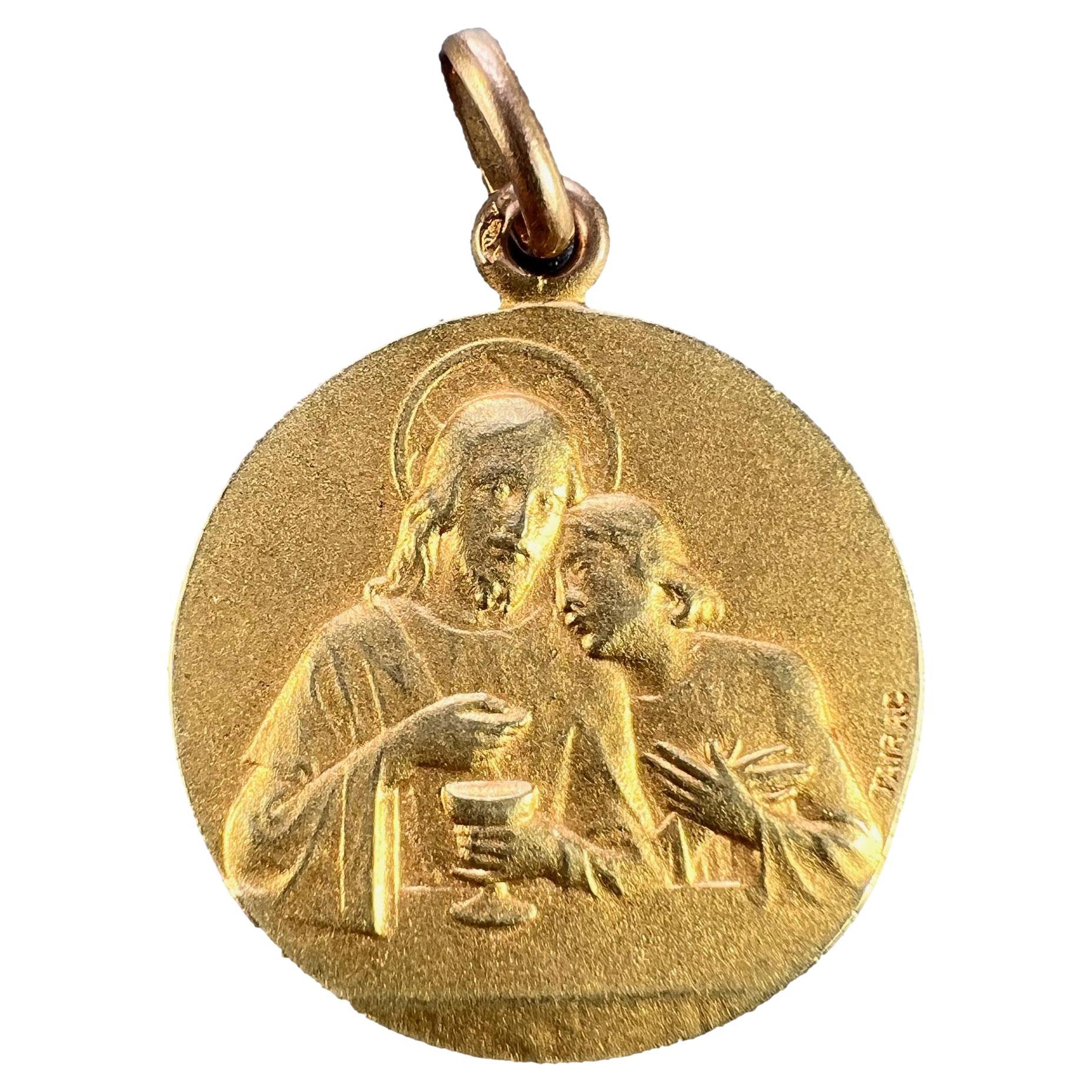 French Religious Medal Angel Jesus Communion 18K Yellow Gold Charm Pendant For Sale