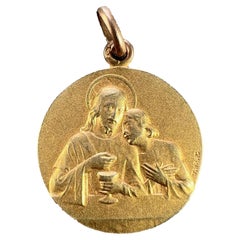 Vintage French Religious Medal Angel Jesus Communion 18K Yellow Gold Charm Pendant