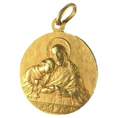 French Religious Medal Jesus Christ Holy Communion 18K Yellow Gold Charm Pendant