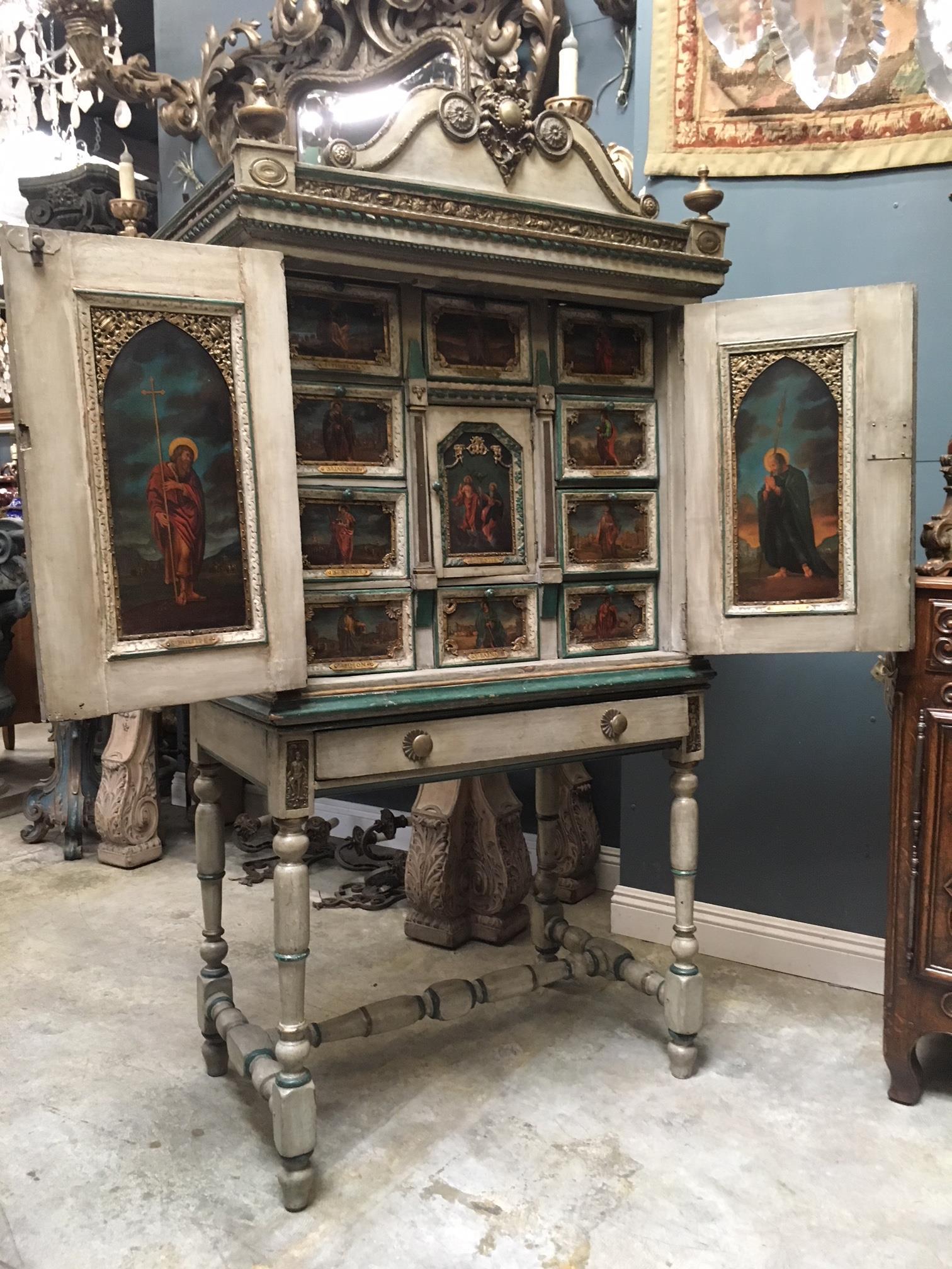Hand-Carved French Religious Vargueno Cabinet on Stand, 18th-19th Century