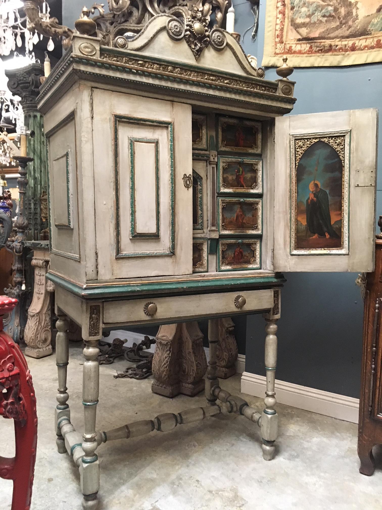 French Religious Vargueno Cabinet on Stand, 18th-19th Century In Good Condition In Cypress, CA