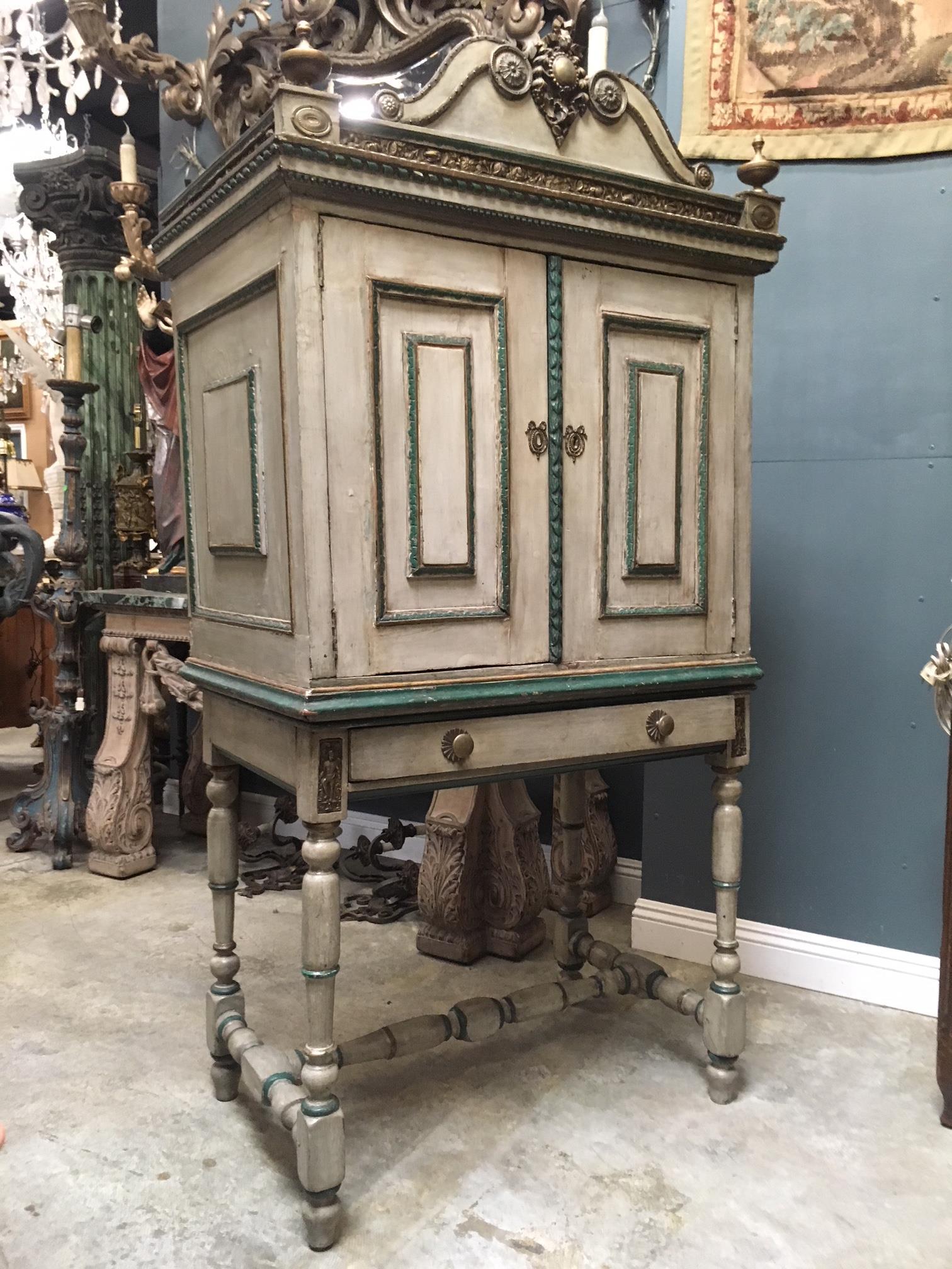 Bronze French Religious Vargueno Cabinet on Stand, 18th-19th Century