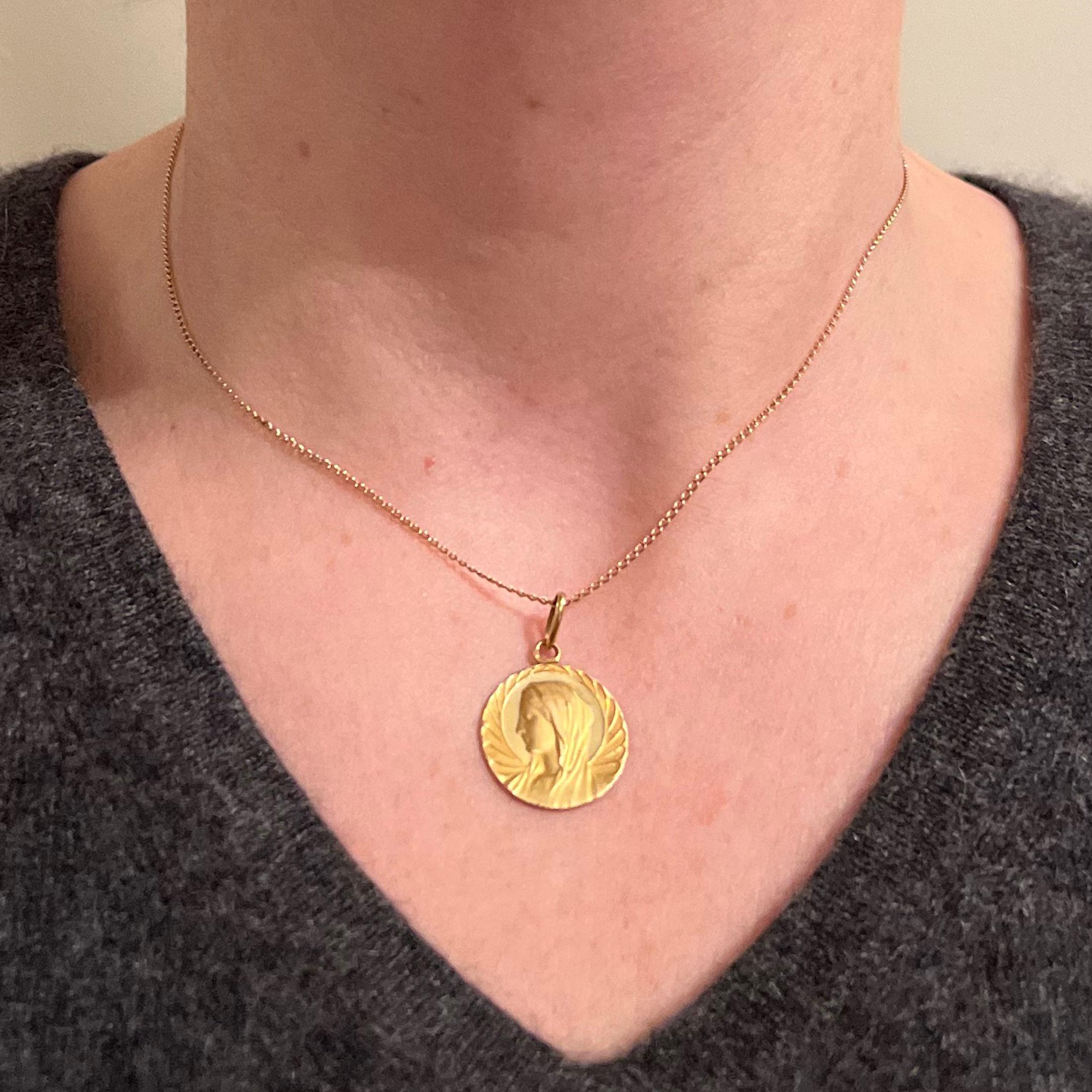 Women's or Men's French Religious Virgin Mary 18K Yellow Gold Medal Pendant For Sale