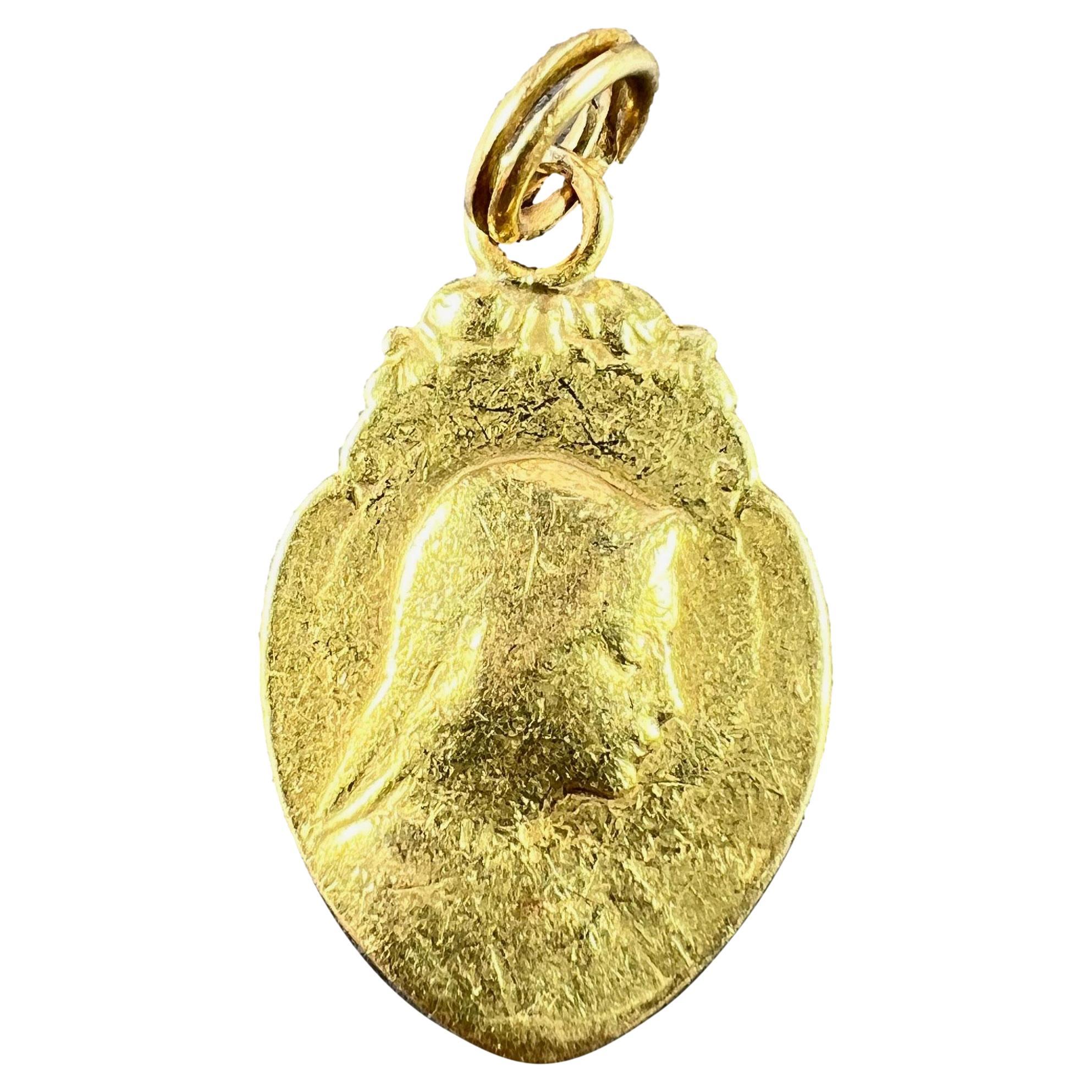 French Religious Virgin Mary 18K Yellow Gold Medal Pendant For Sale