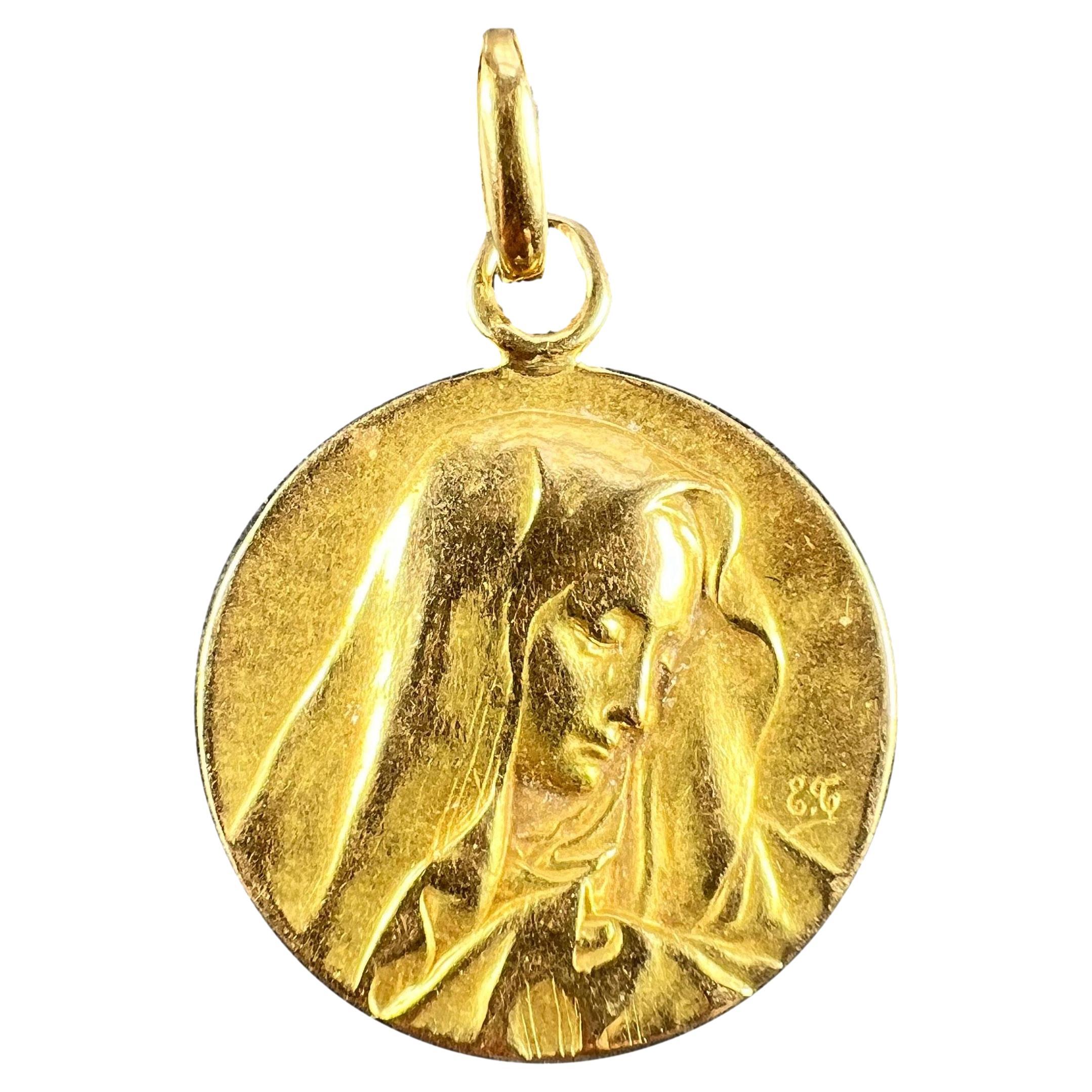 French Religious Virgin Mary 18K Yellow Gold Medal Pendant