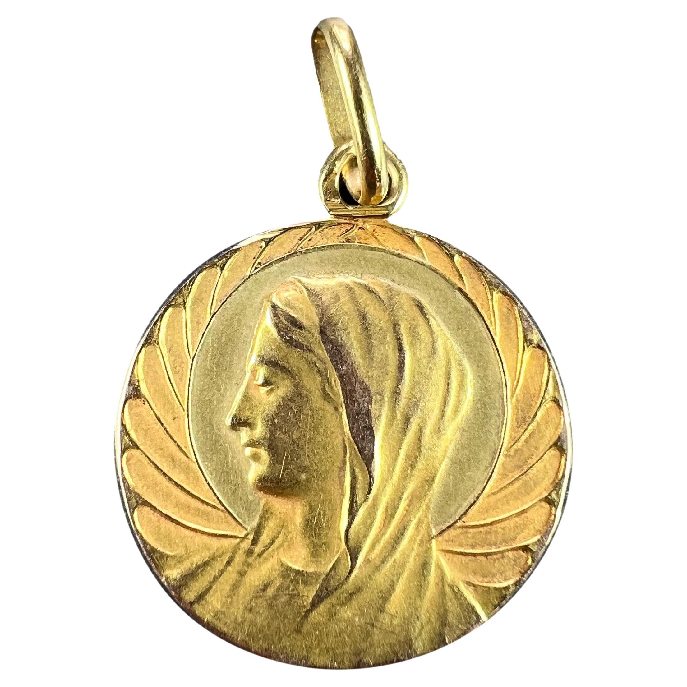 French Religious Virgin Mary 18K Yellow Gold Medal Pendant For Sale
