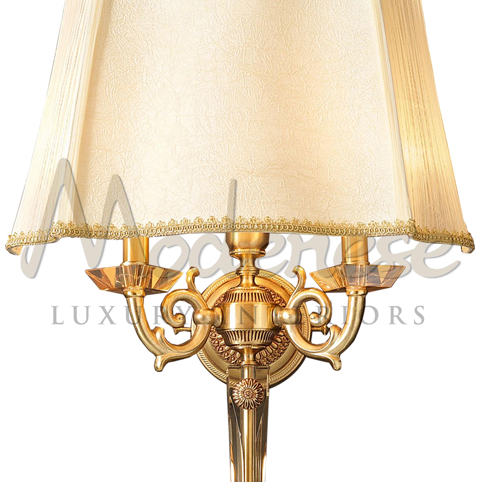 This classic wall lamp model is distinguished by a combination of sophisticated restraint, unique charm, chic beauty and luxury, combining french gold brass finishing and shade. This model requires 2 single E14 screw fit light bulbs (40Watt max) and
