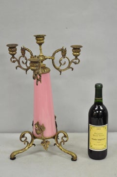 French Renaissance Art Nouveau Bronze 4 Candle Pink Glass Column Candelabra