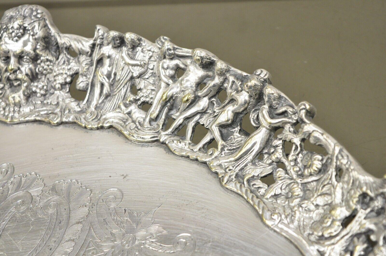 French Renaissance Bacchanal Scene Silver Plated Bacchus Figural Salver Tray For Sale 9