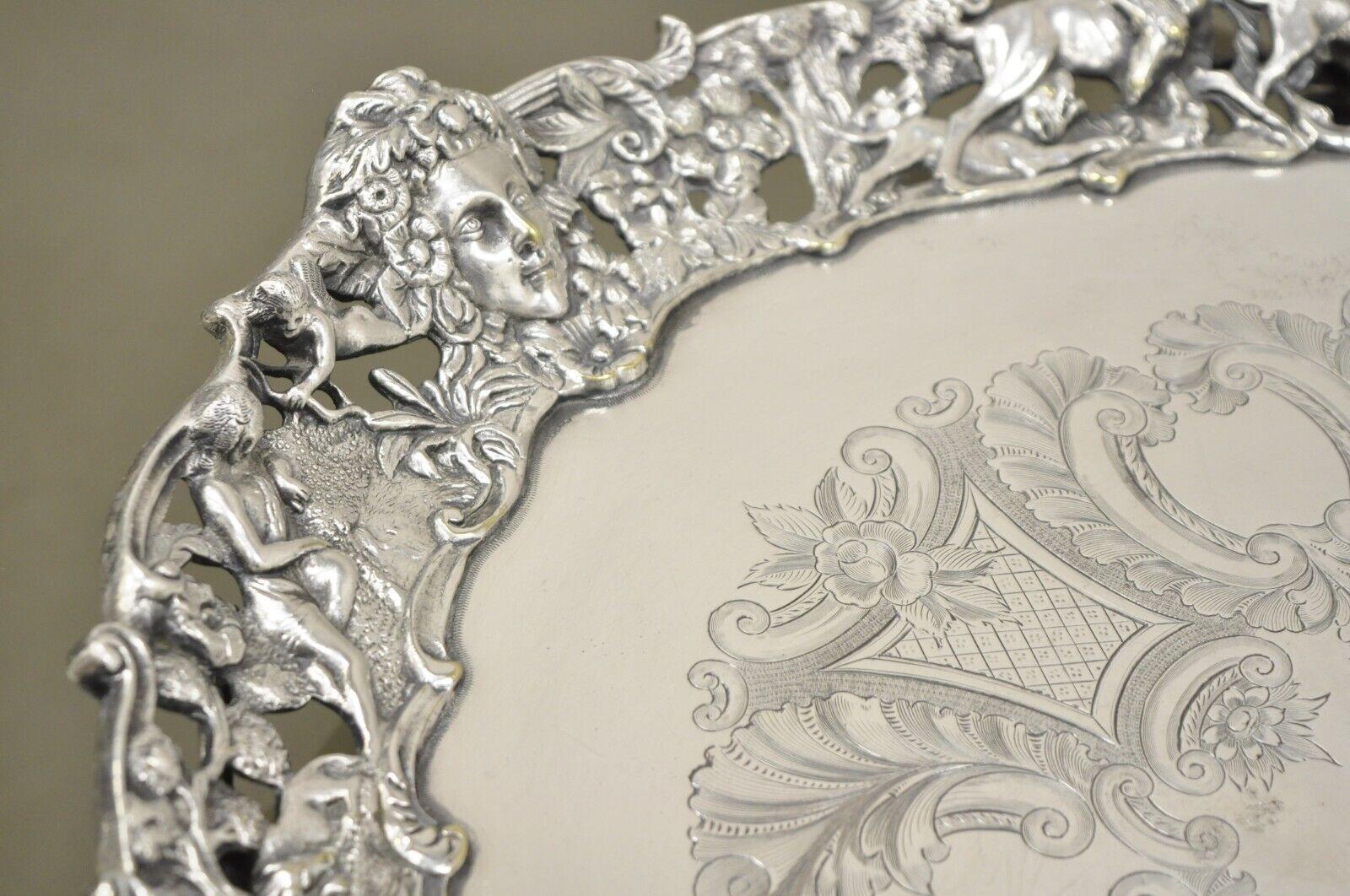 French Renaissance Bacchanal Scene Silver Plated Bacchus Figural Salver Tray In Good Condition For Sale In Philadelphia, PA