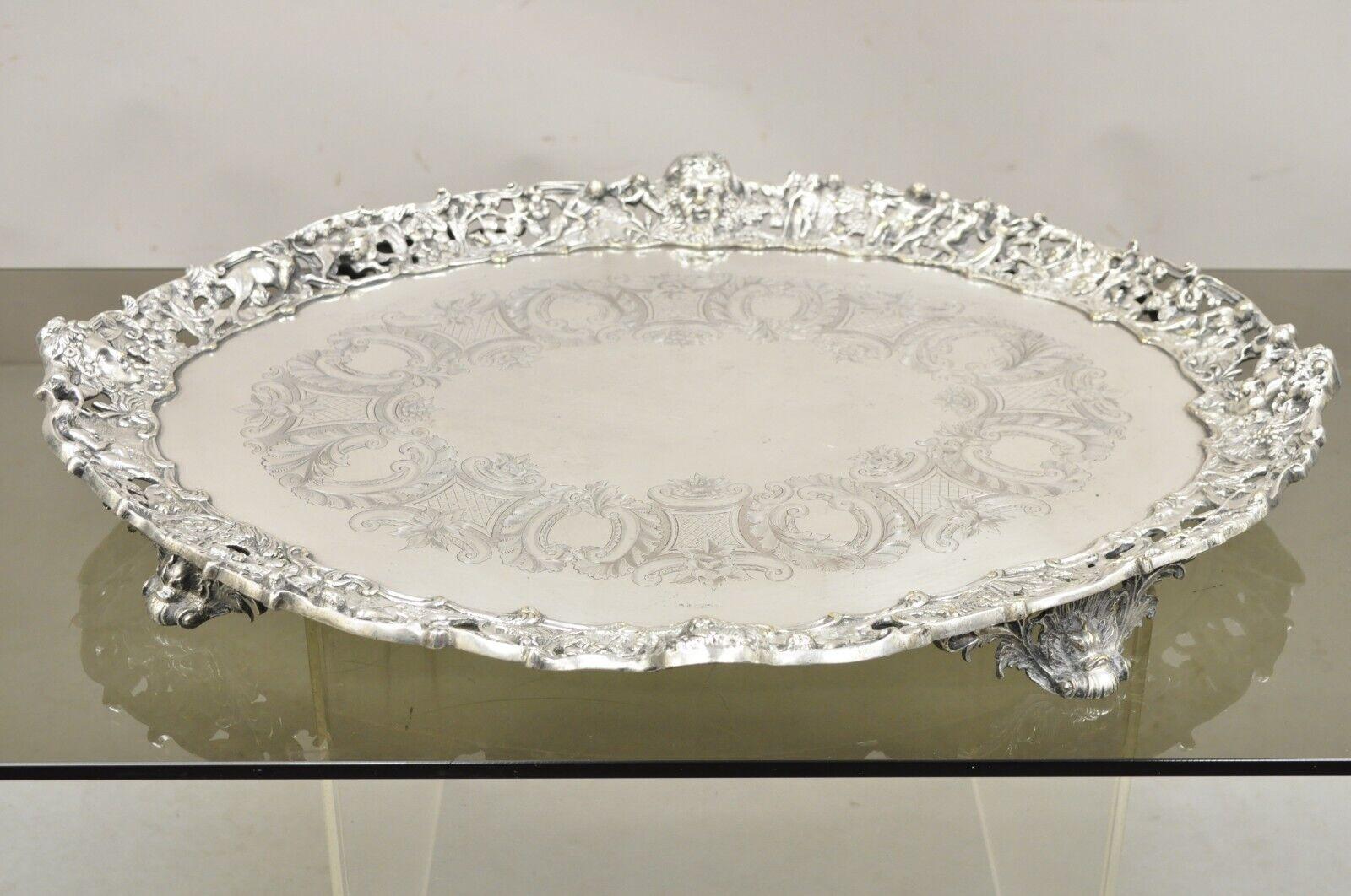 19th Century French Renaissance Bacchanal Scene Silver Plated Bacchus Figural Salver Tray For Sale