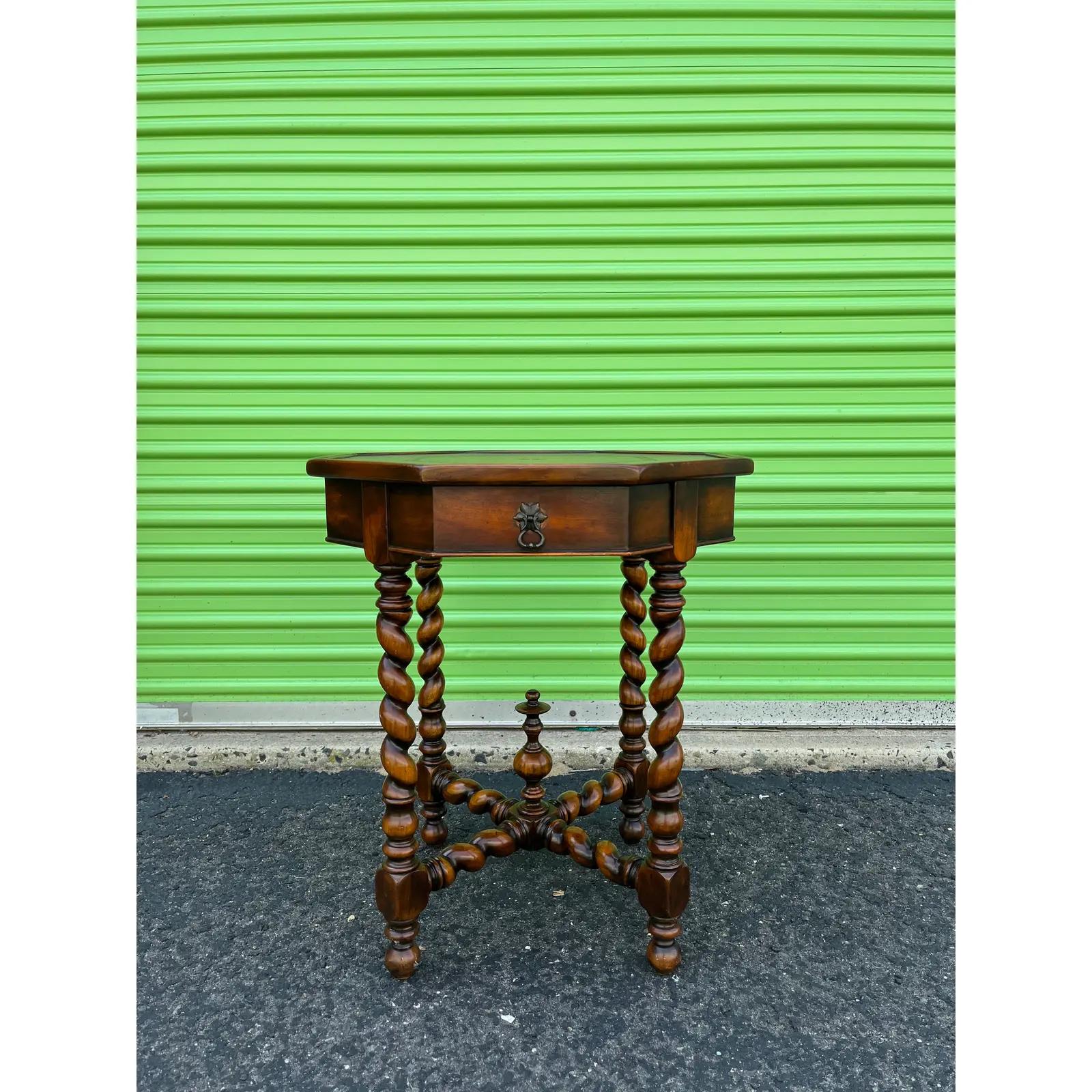 Leather French Renaissance Barley Twist Octagonal End Table For Sale
