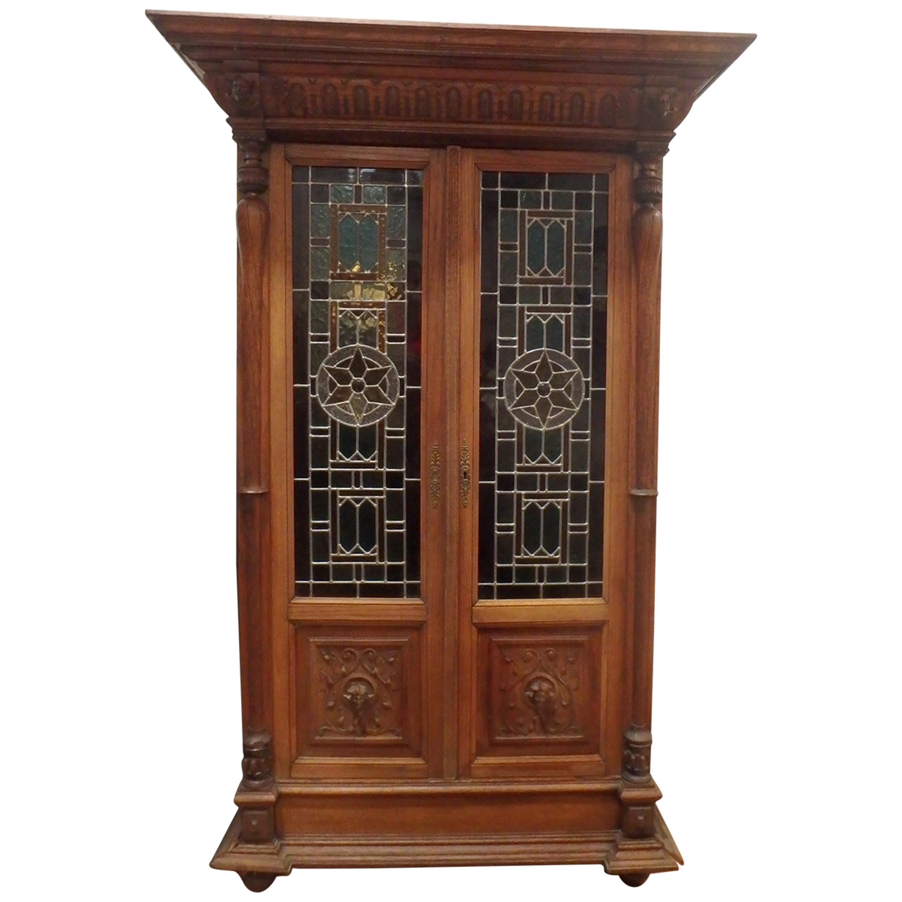 French Renaissance Bookcase circa 1840 Paris with Stain Glass For Sale