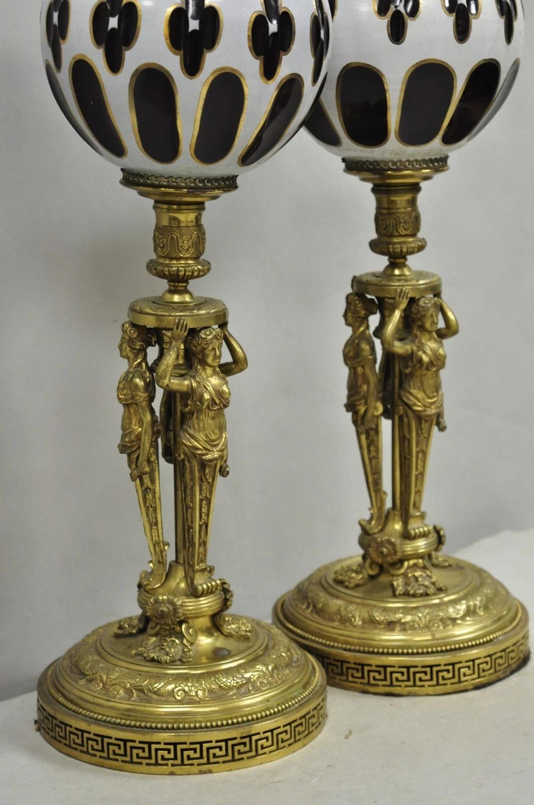 Paire de lampes de table en laiton Figural Maiden Base Red Bohemian Glass de la Renaissance française en vente 5