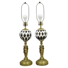 French Renaissance Brass Figural Maiden Base Red Bohemian Glass Table Lamps Pair