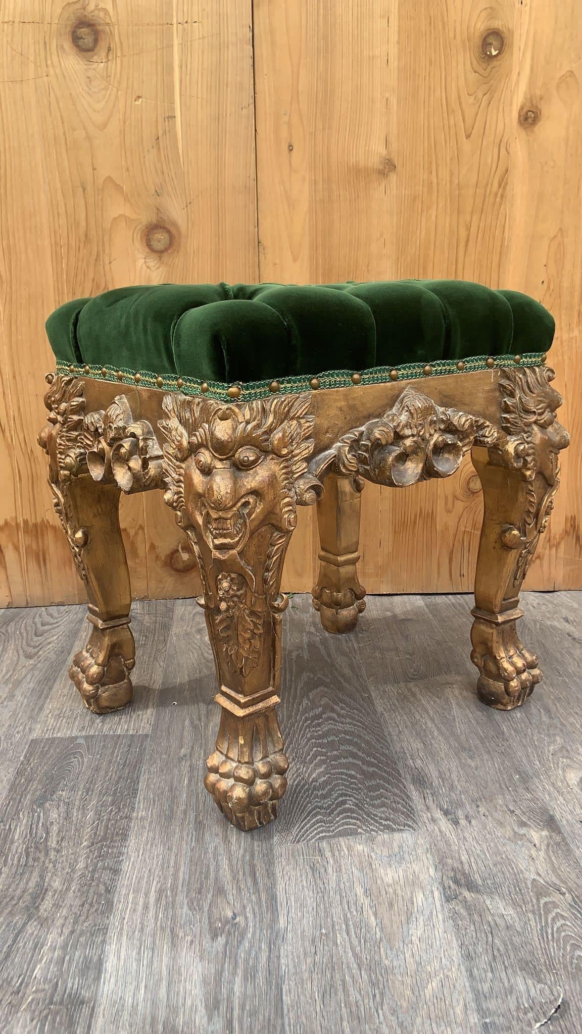 French Renaissance Carved Gilded Griffen Armchair & Ottoman Newly Upholstered  4