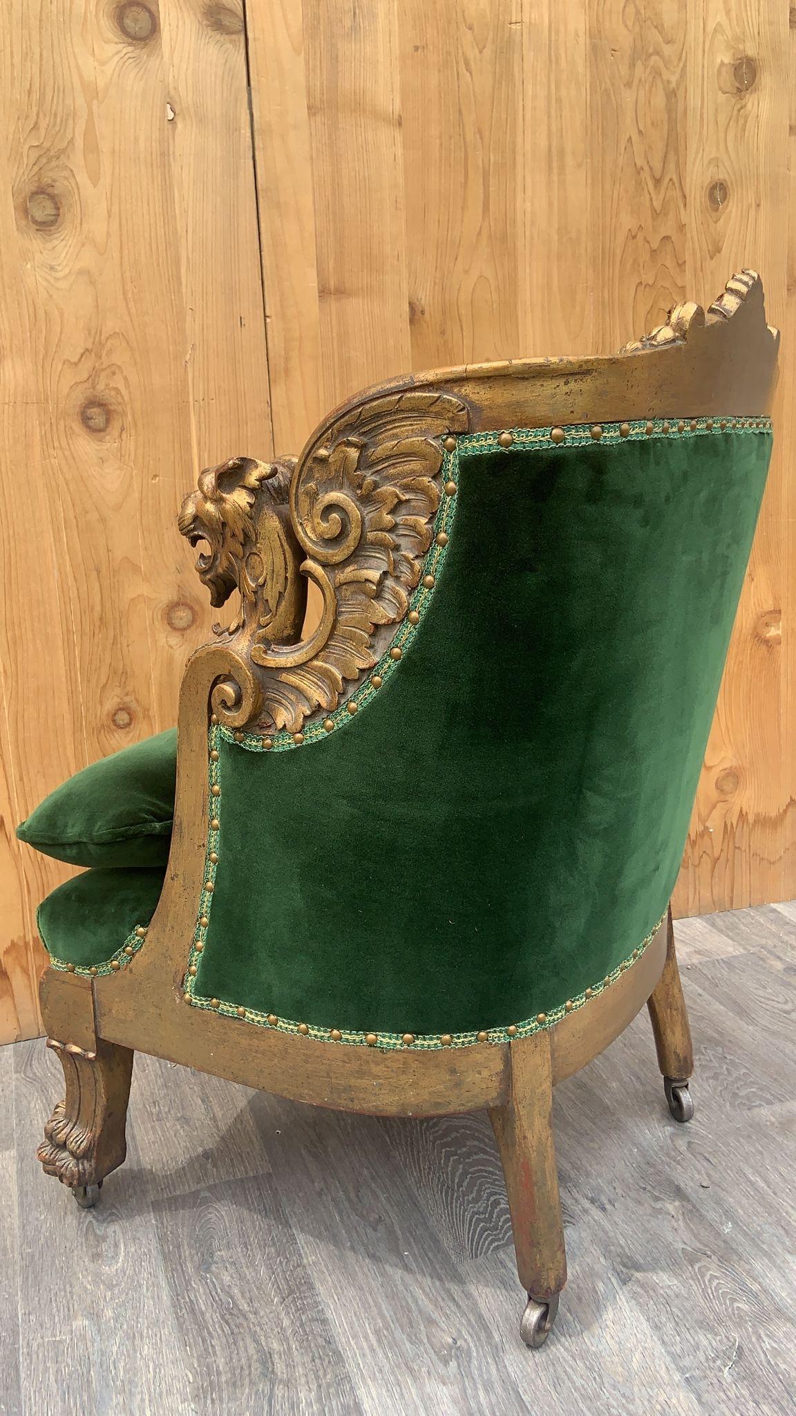 French Renaissance Carved Gilded Griffen Armchair & Ottoman Newly Upholstered 6