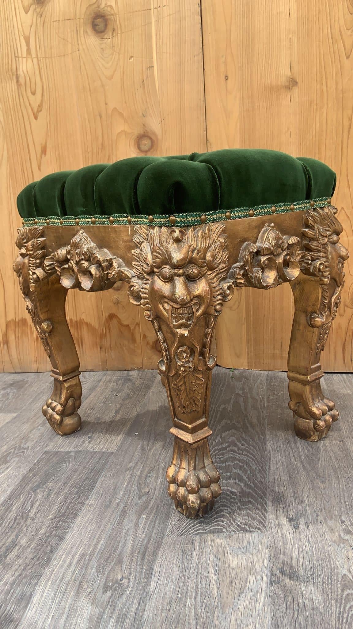 French Renaissance Carved Gilded Griffen Armchair & Ottoman Newly Upholstered  8