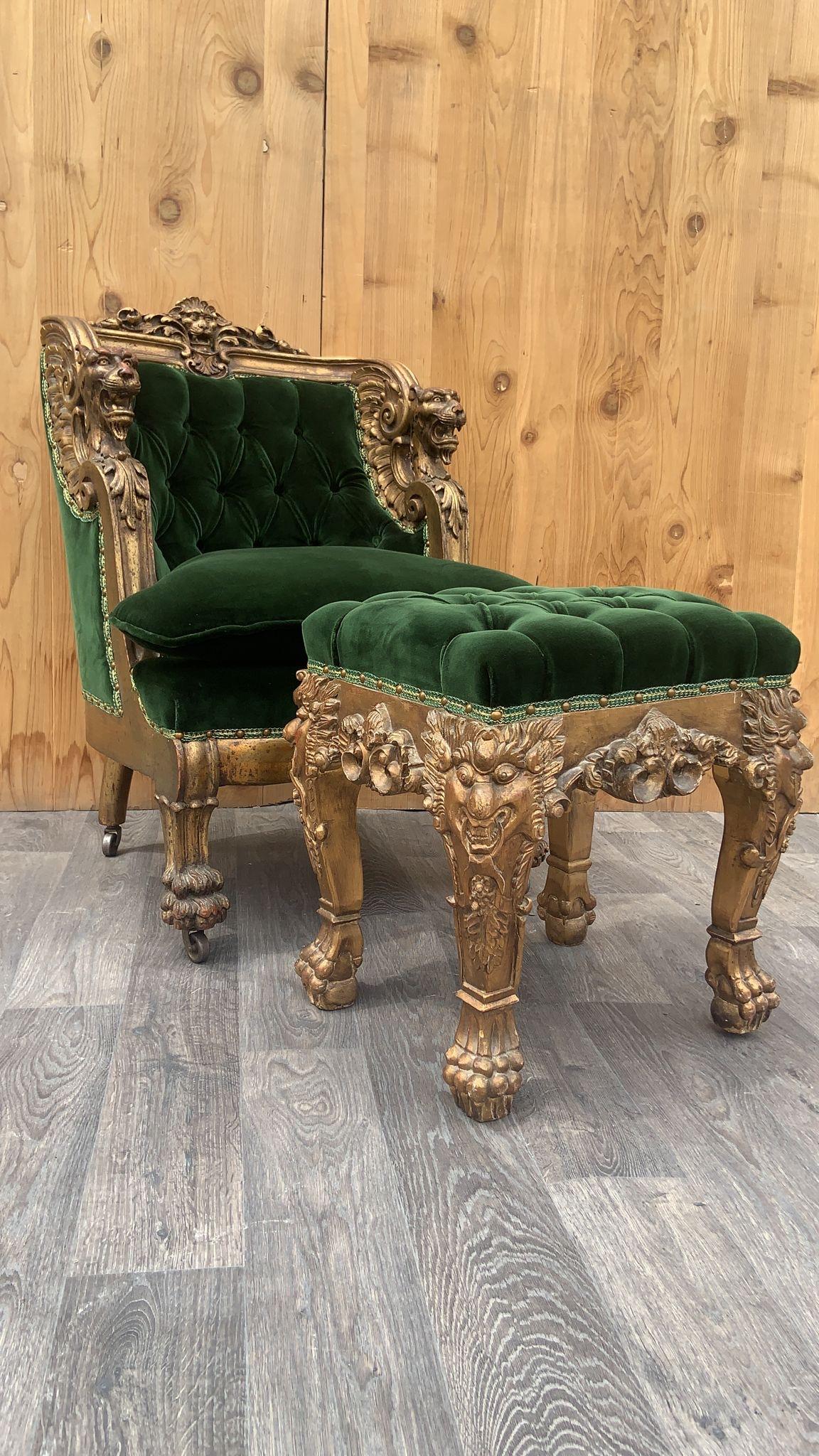 Antique French Renaissance Carved & Gilded Figural Winged Griffen Arm Chair and Ottoman Newly Upholstered In Plush 