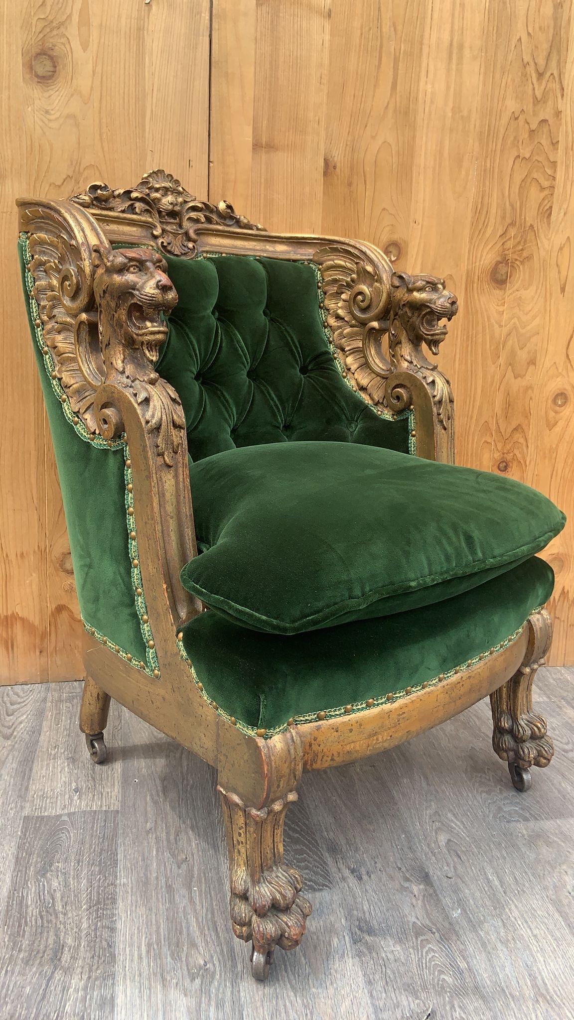 Hand-Carved French Renaissance Carved Gilded Griffen Armchair & Ottoman Newly Upholstered  For Sale