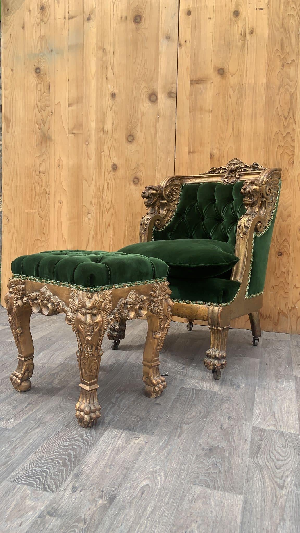 19th Century French Renaissance Carved Gilded Griffen Armchair & Ottoman Newly Upholstered 