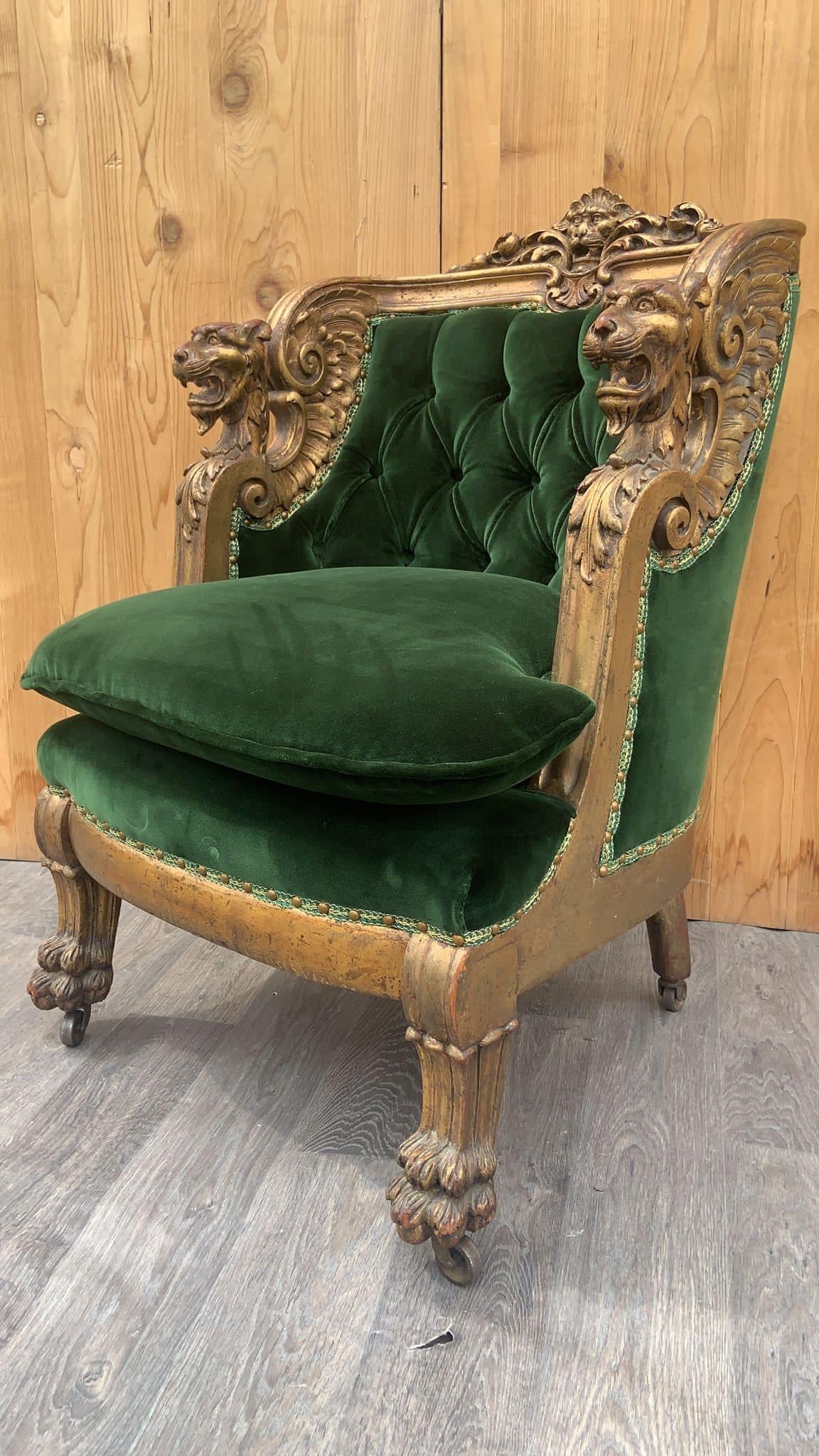 French Renaissance Carved Gilded Griffen Armchair & Ottoman Newly Upholstered  1