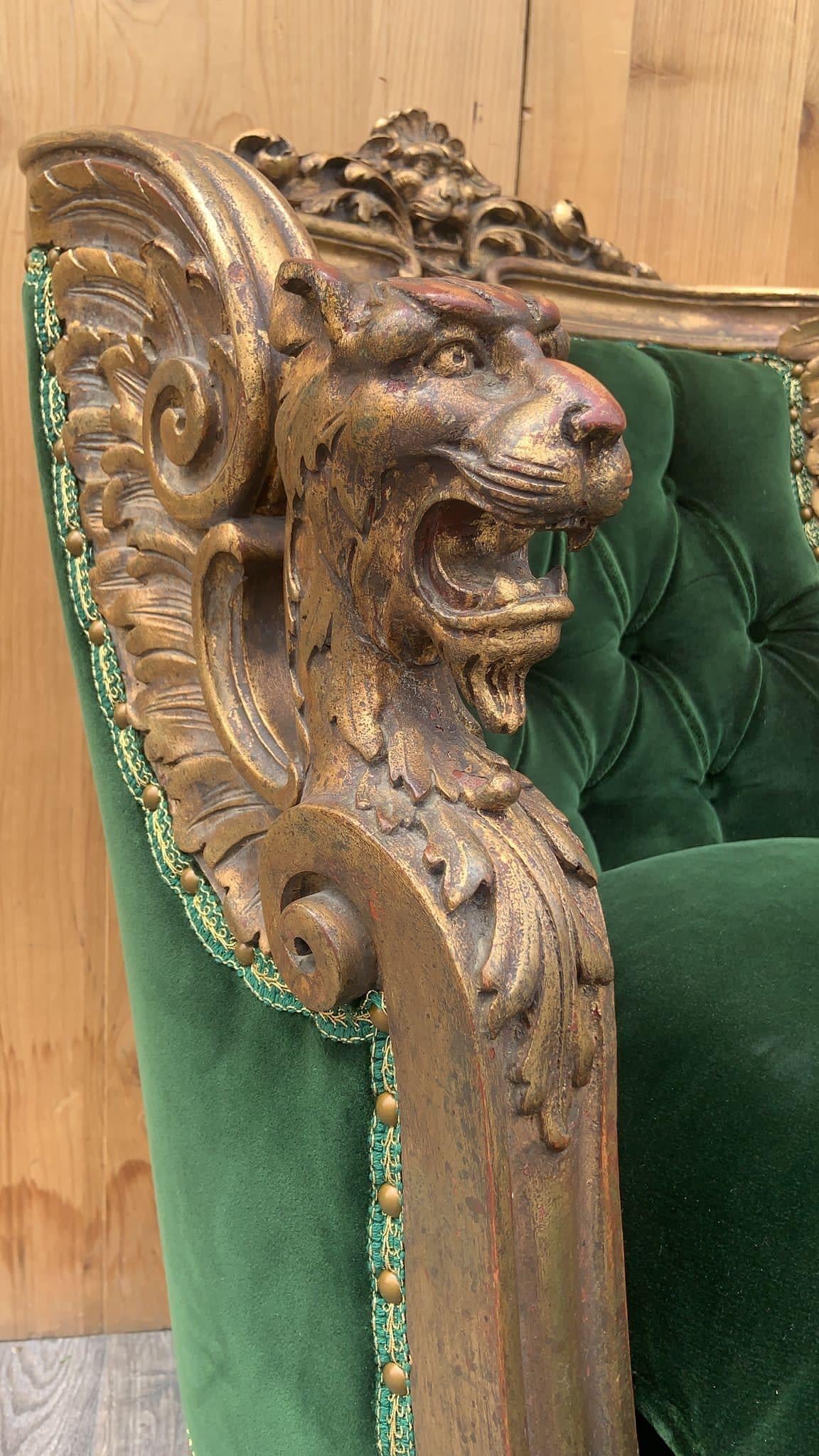 French Renaissance Carved Gilded Griffen Armchair & Ottoman Newly Upholstered  For Sale 2