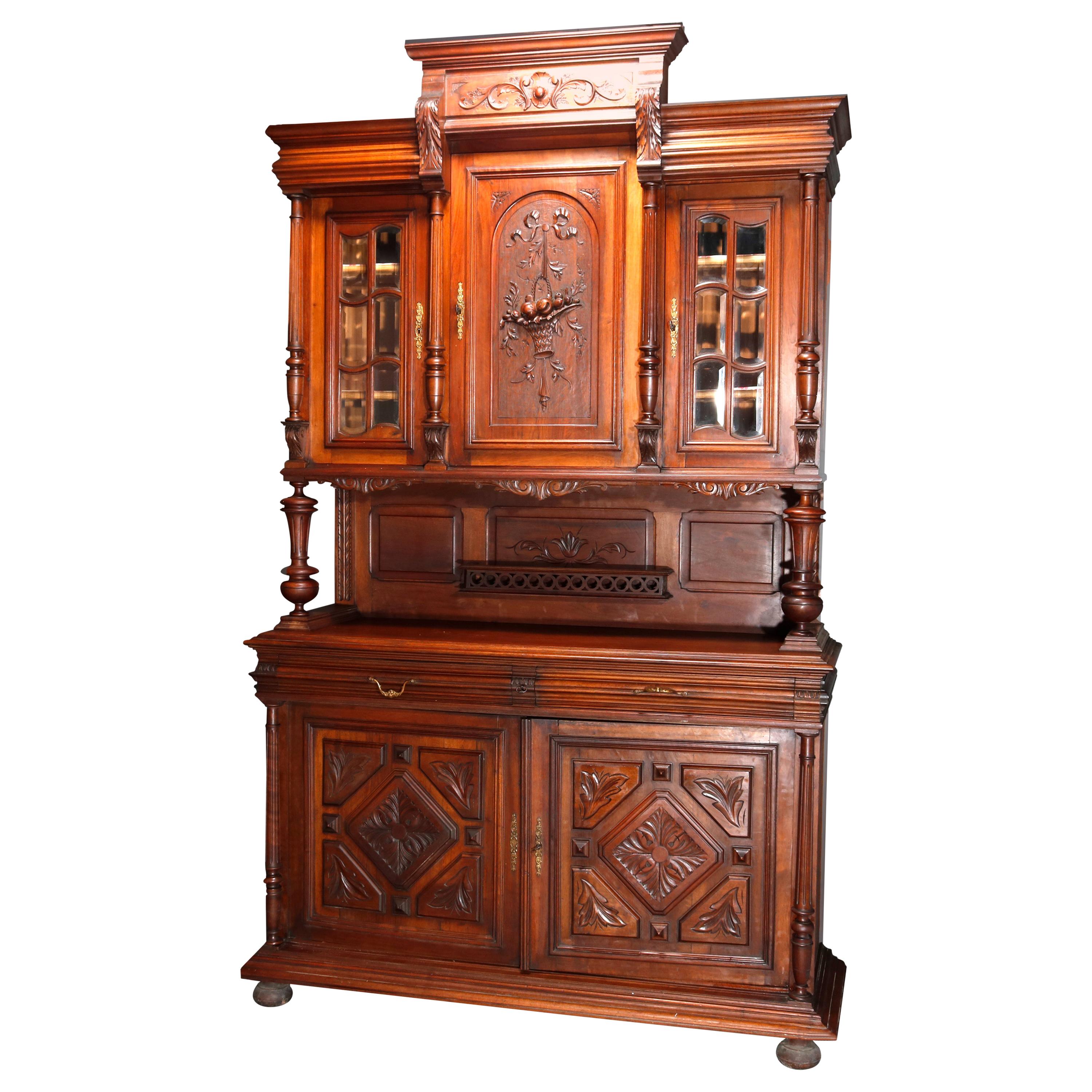 French Renaissance Carved Walnut and Beveled Glass Hunt Cupboard, circa 1890