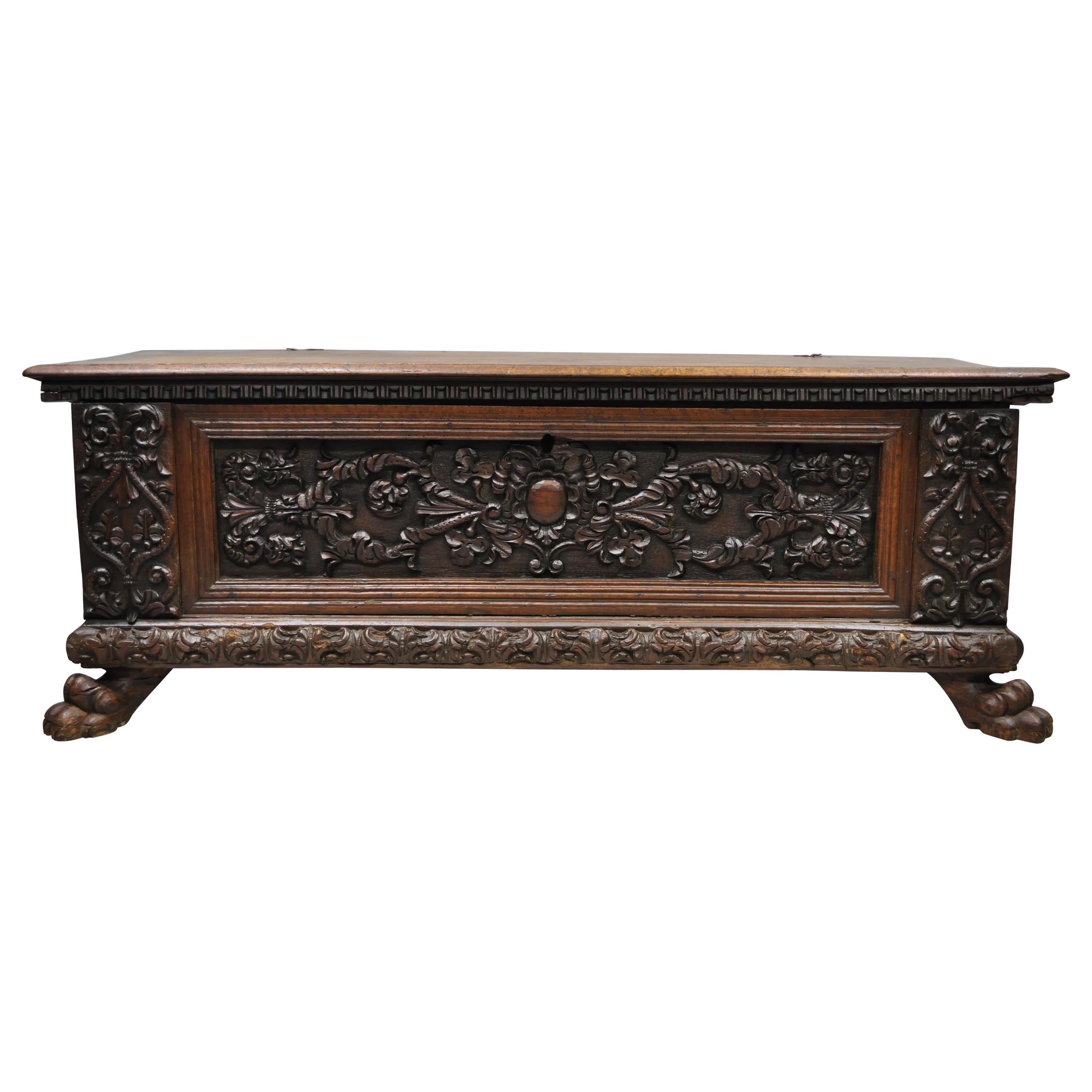 French Renaissance Carved Walnut Paw Foot Coffer Trunk Blanket Chest