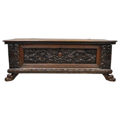 French Renaissance Carved Walnut Paw Foot Coffer Trunk Blanket Chest