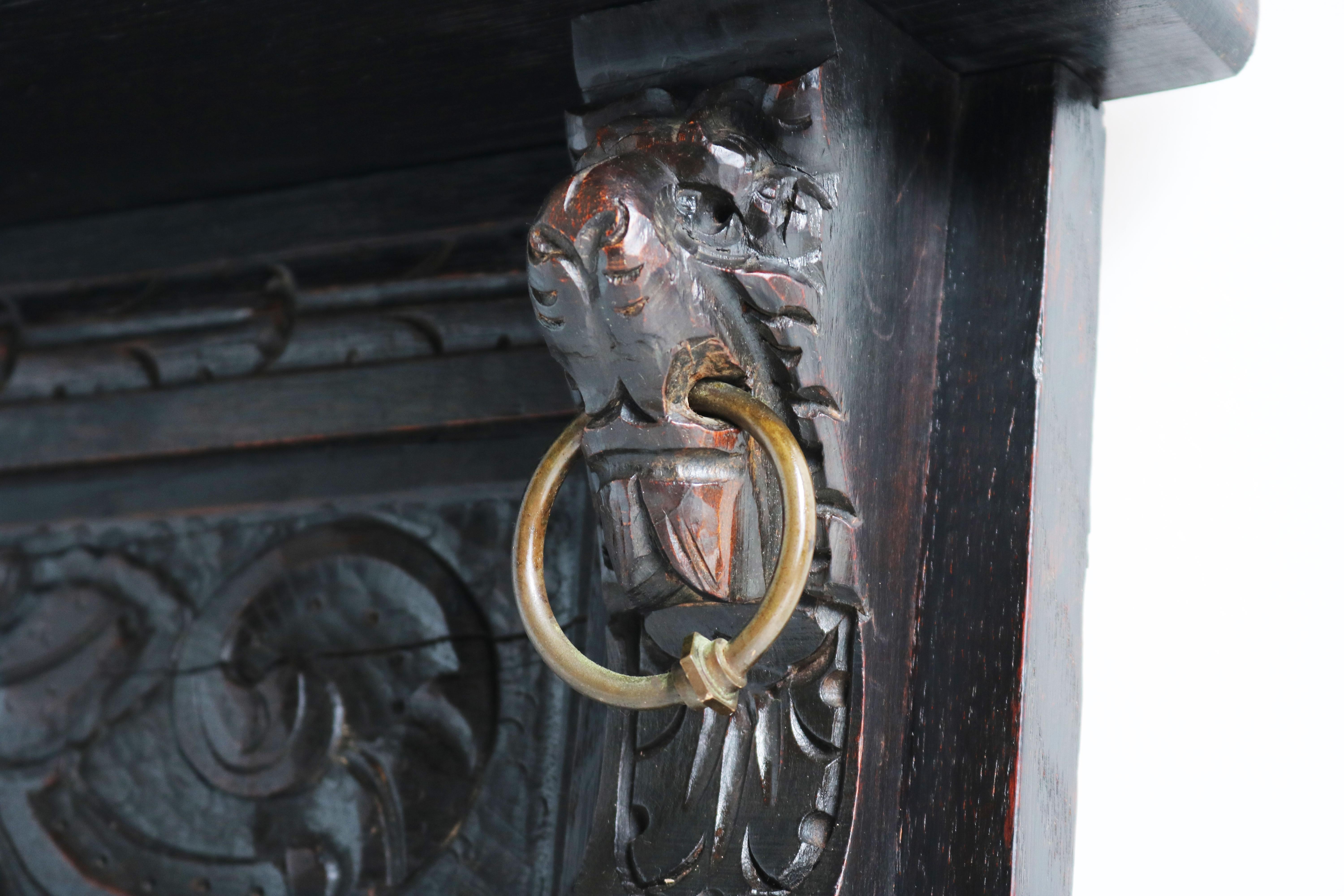 Renaissance Revival French Renaissance Coat Rack Antique Dark Oak Carved Lions Brass Hallway 1900