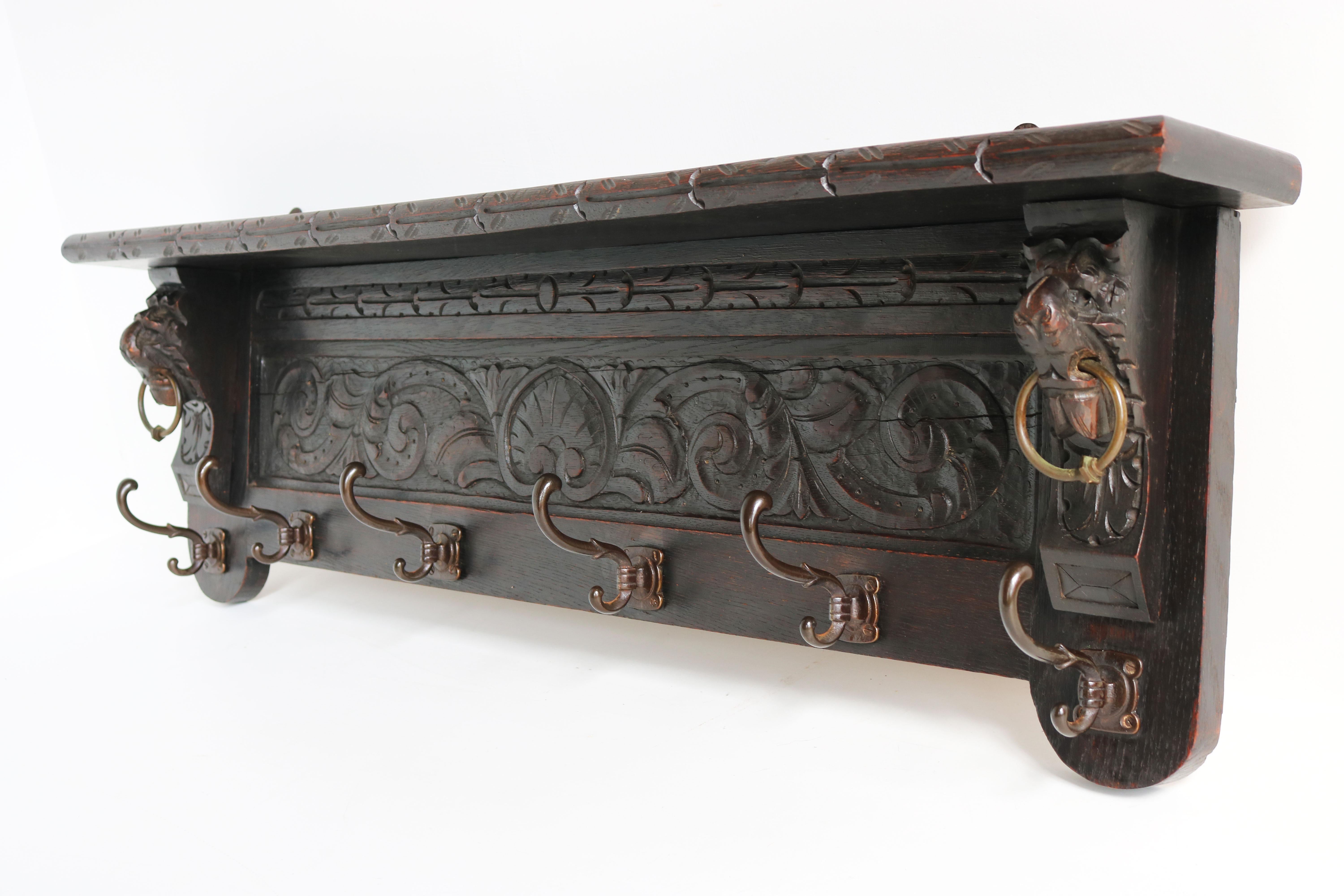 French Renaissance Coat Rack Antique Dark Oak Carved Lions Brass Hallway 1900 1
