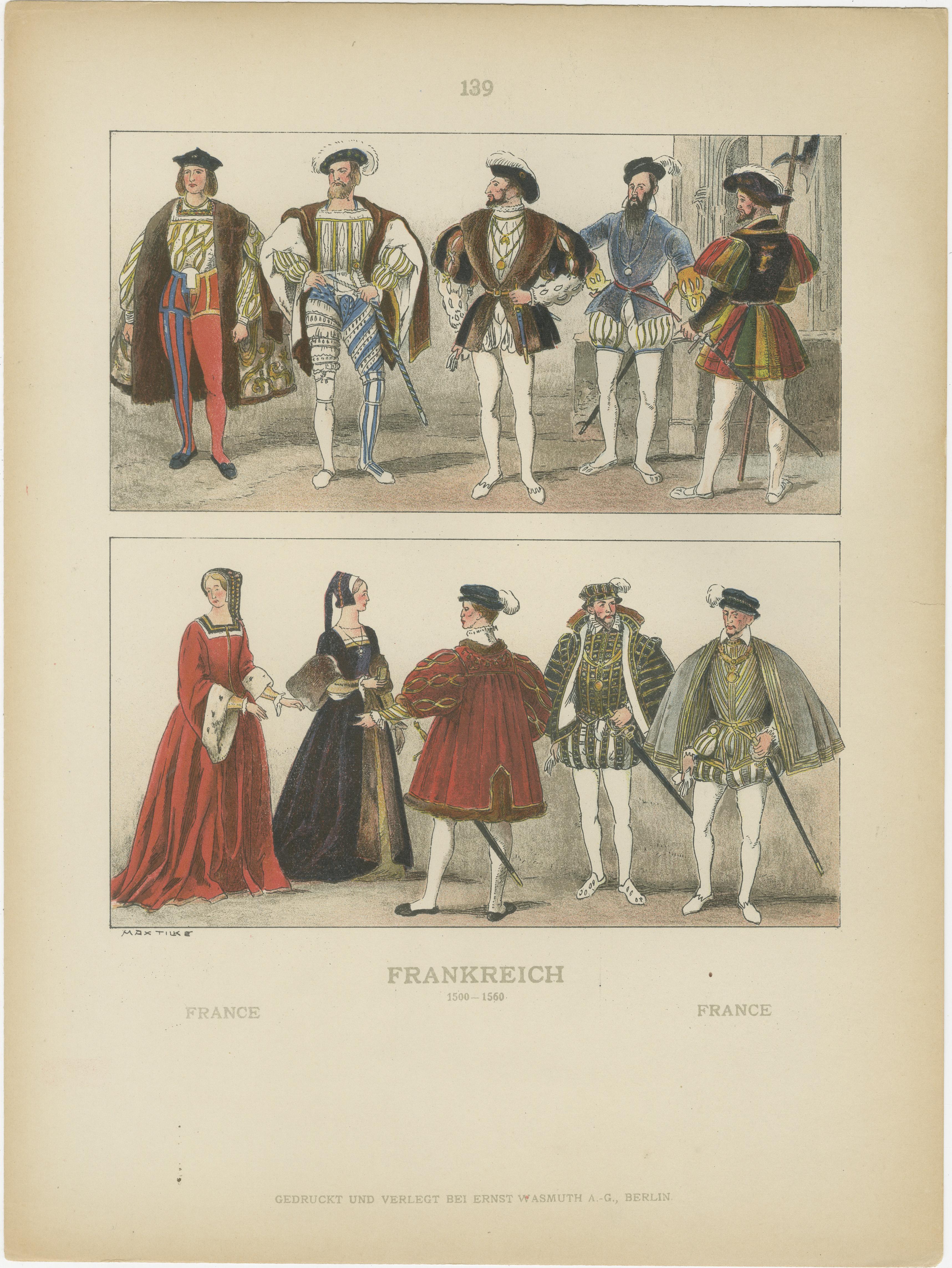 Allemand Costumes de la Renaissance française des années 1500 - Ensemble de 6 estampes anciennes, publiées en 1880 en vente