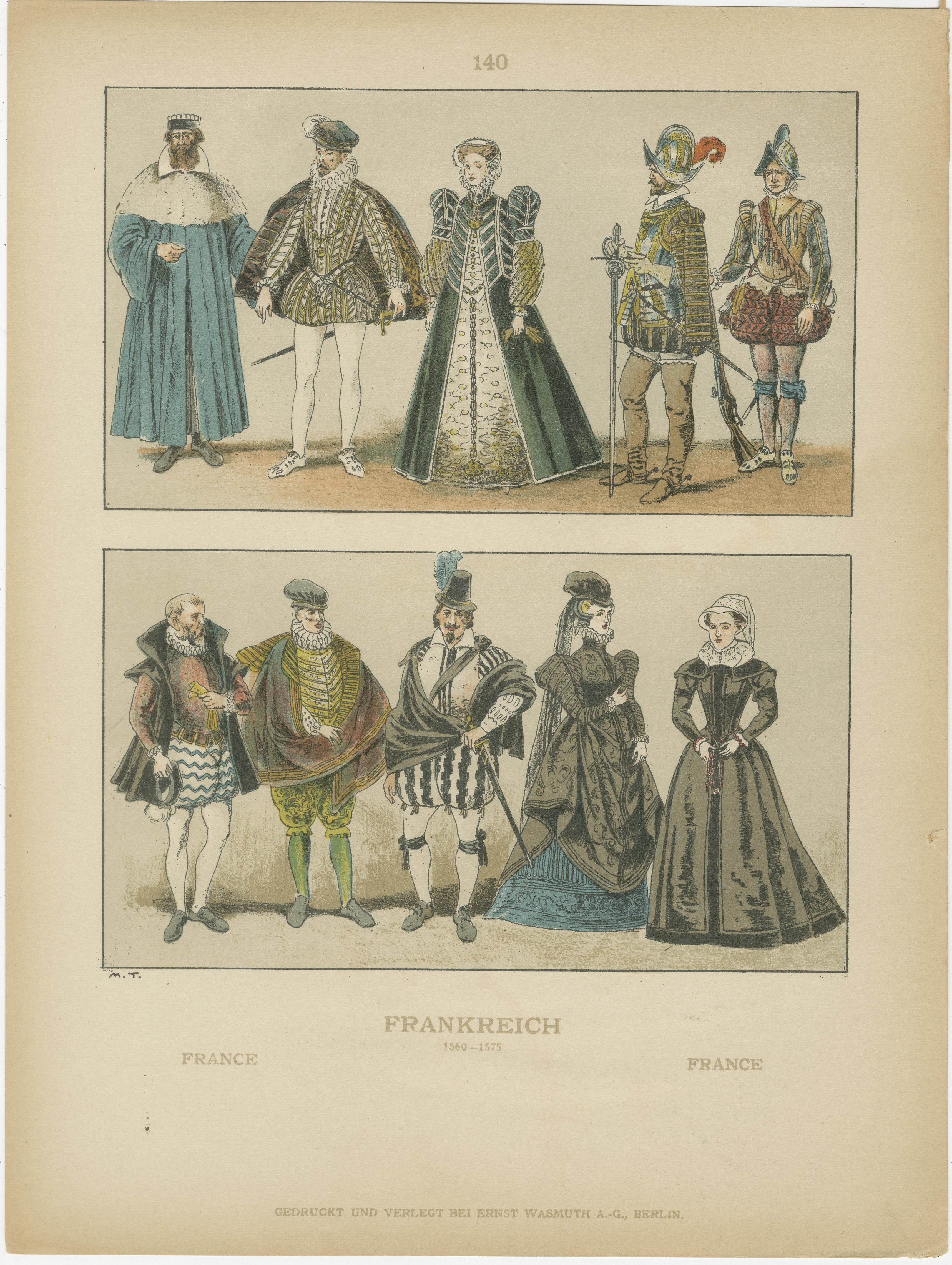 Costumes de la Renaissance française des années 1500 - Ensemble de 6 estampes anciennes, publiées en 1880 Bon état - En vente à Langweer, NL