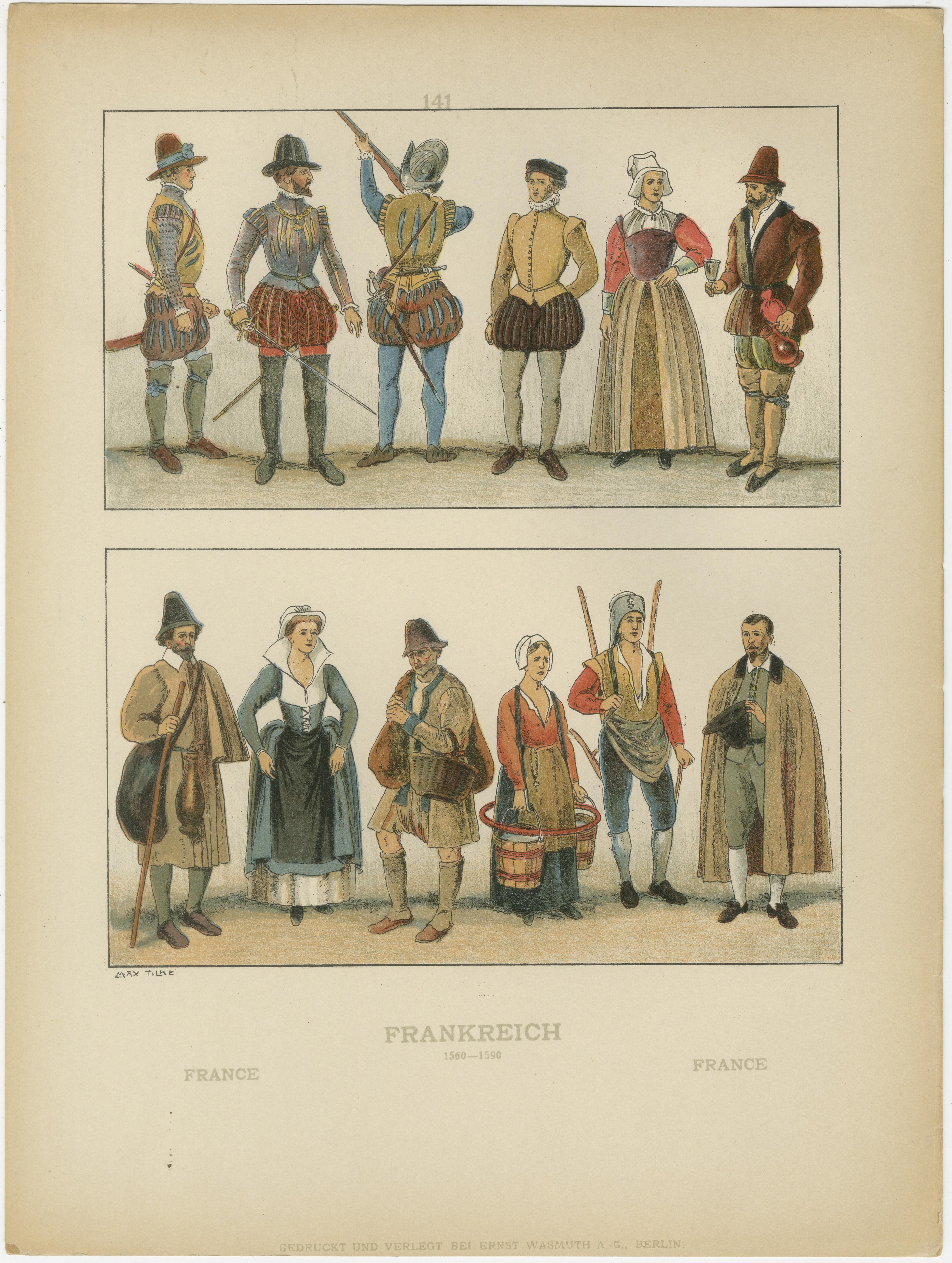 Fin du XIXe siècle Costumes de la Renaissance française des années 1500 - Ensemble de 6 estampes anciennes, publiées en 1880 en vente