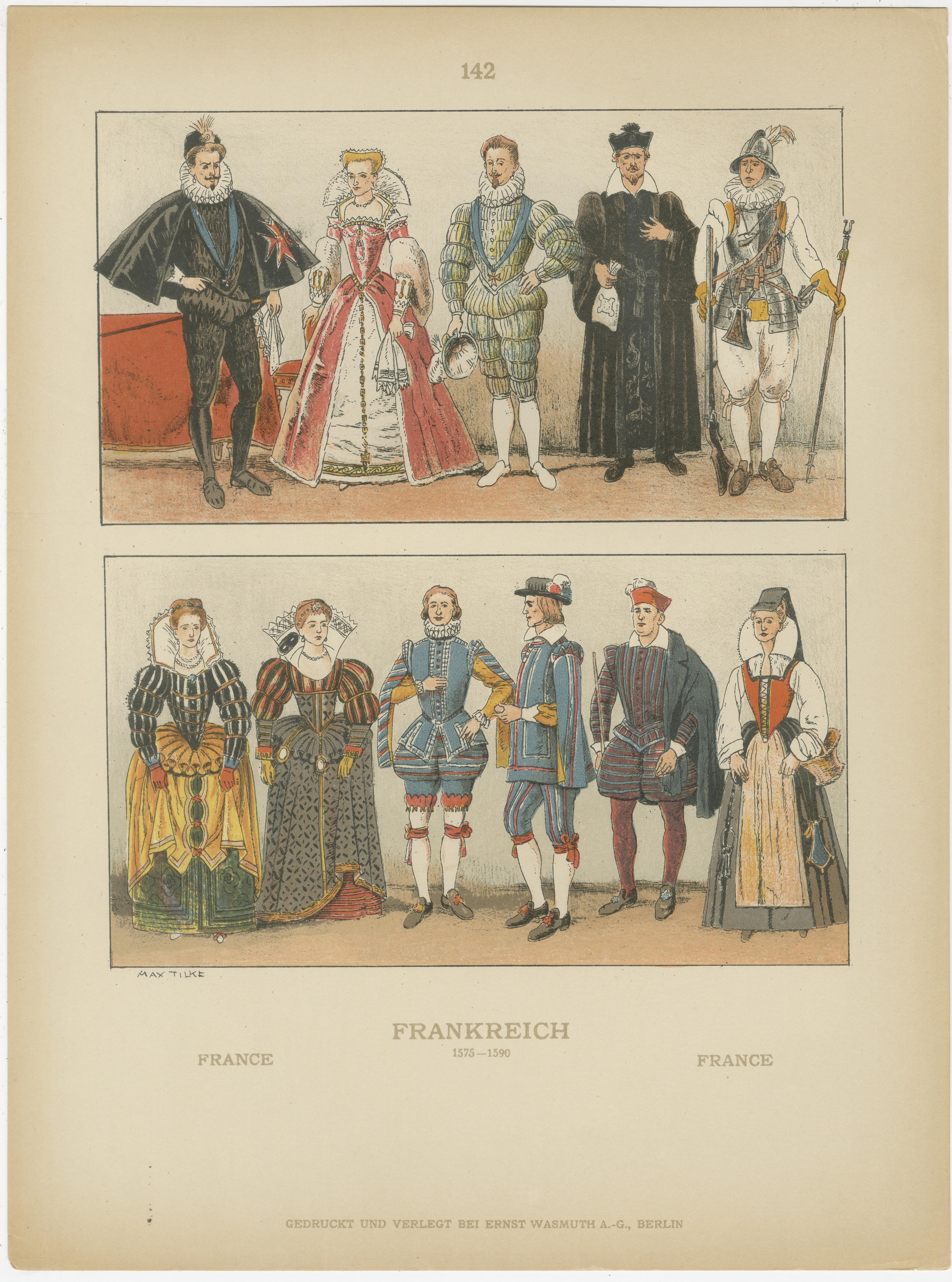 Papier Costumes de la Renaissance française des années 1500 - Ensemble de 6 estampes anciennes, publiées en 1880 en vente