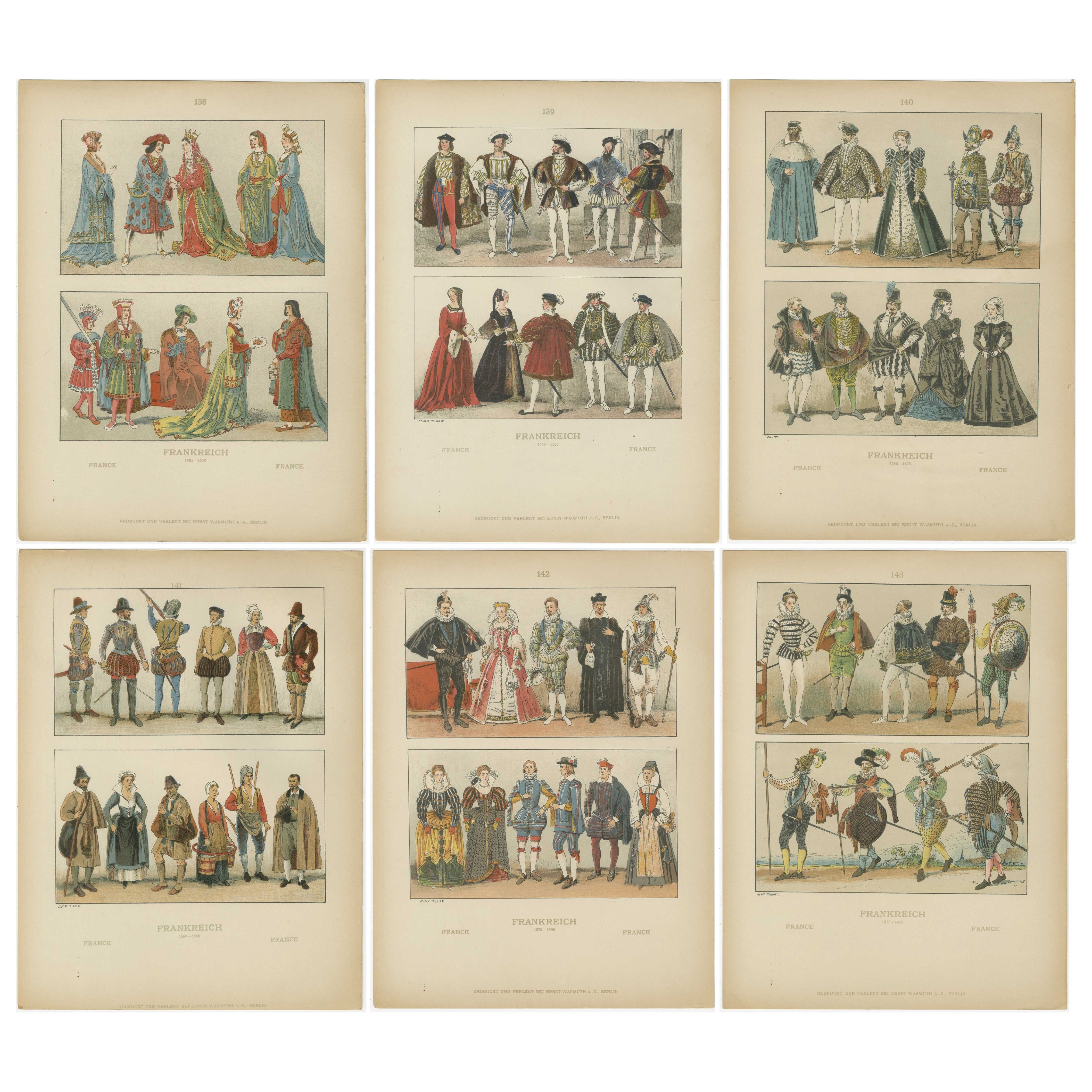 Costumes de la Renaissance française des années 1500 - Ensemble de 6 estampes anciennes, publiées en 1880