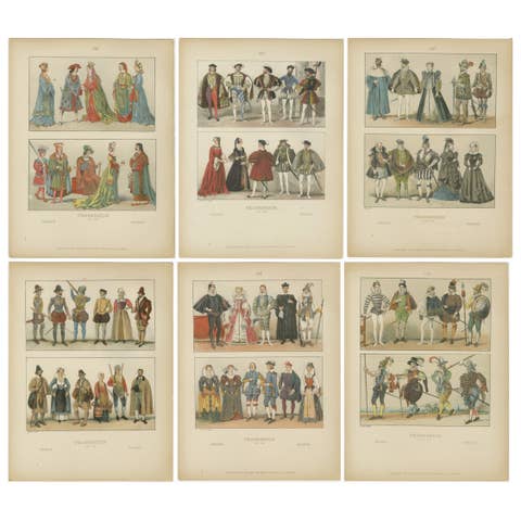 French Renaissance Costumes 1500s – Set of 6 Antique Prints, Published in 1880