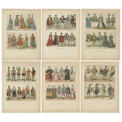 Costumes de la Renaissance française des années 1500 - Ensemble de 6 estampes anciennes, publiées en 1880