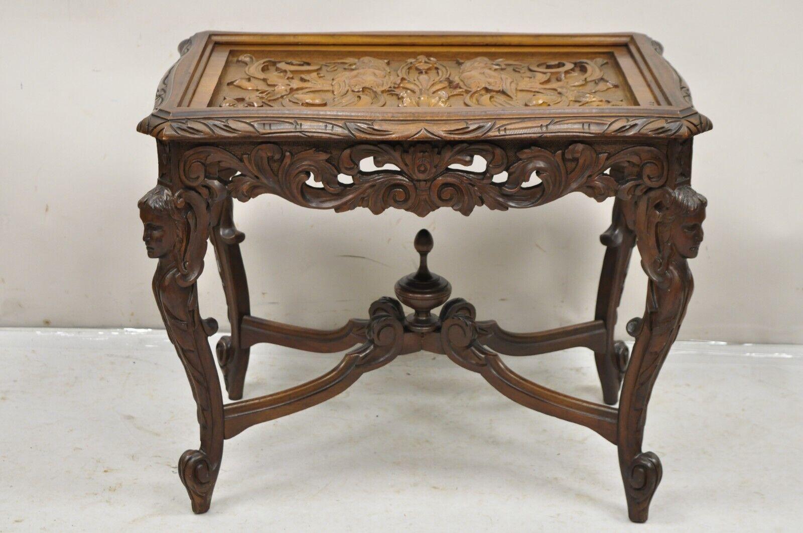 French Renaissance Figural Carved Walnut Parrot Bird & Faces Small Coffee Table For Sale 6