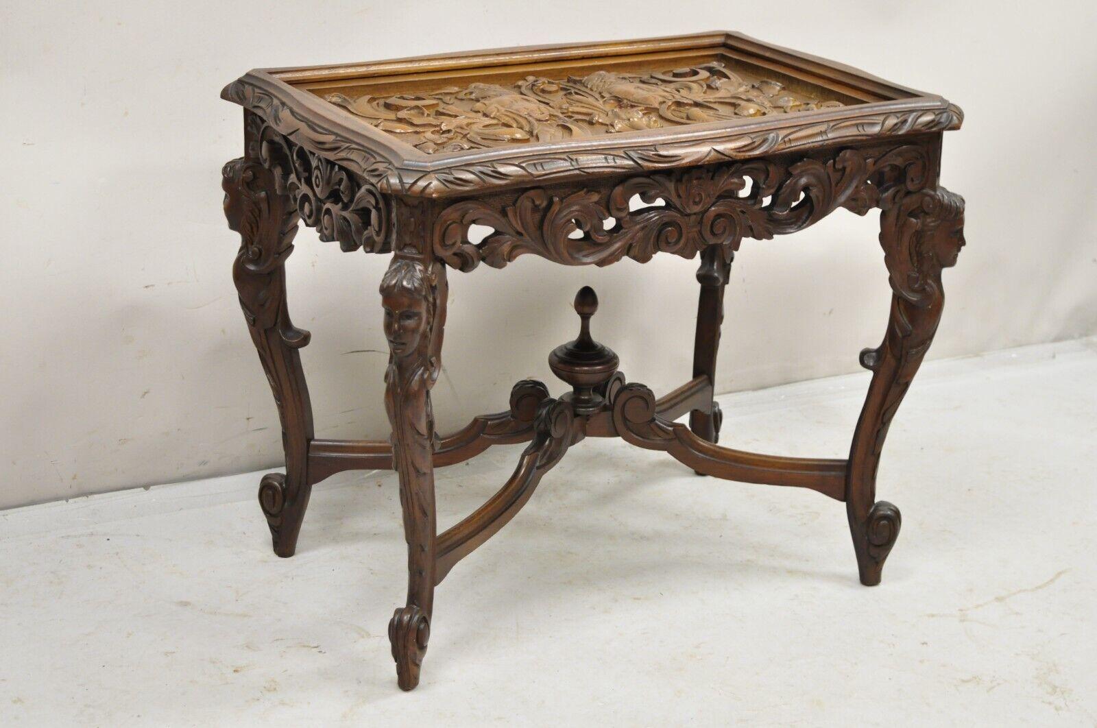 French Renaissance Figural Carved Walnut Parrot Bird & Faces Small Coffee Table For Sale 7