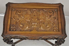 French Renaissance Figural Carved Walnut Parrot Bird & Faces Small Coffee Table