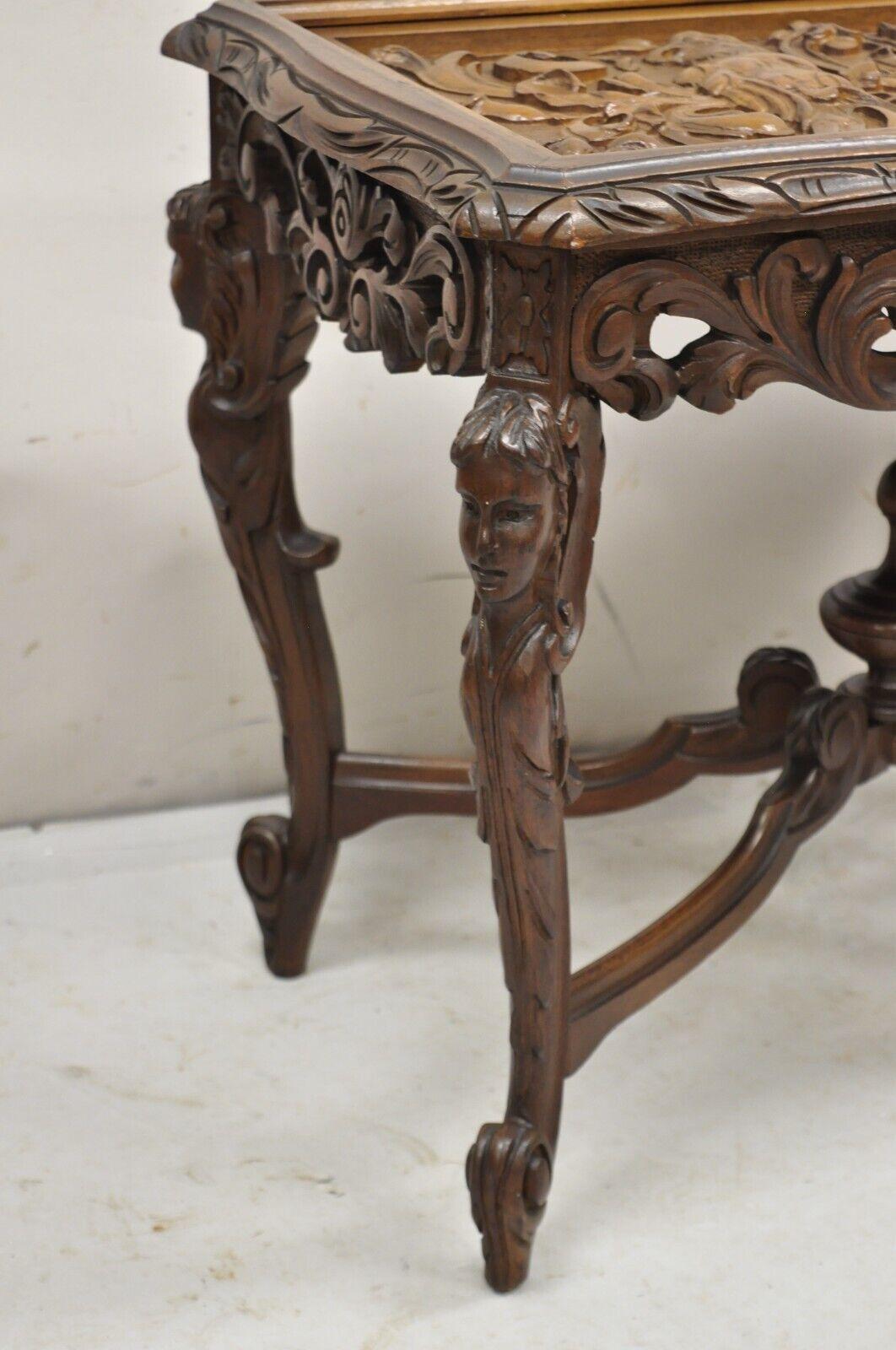 20th Century French Renaissance Figural Carved Walnut Parrot Bird & Faces Small Coffee Table For Sale