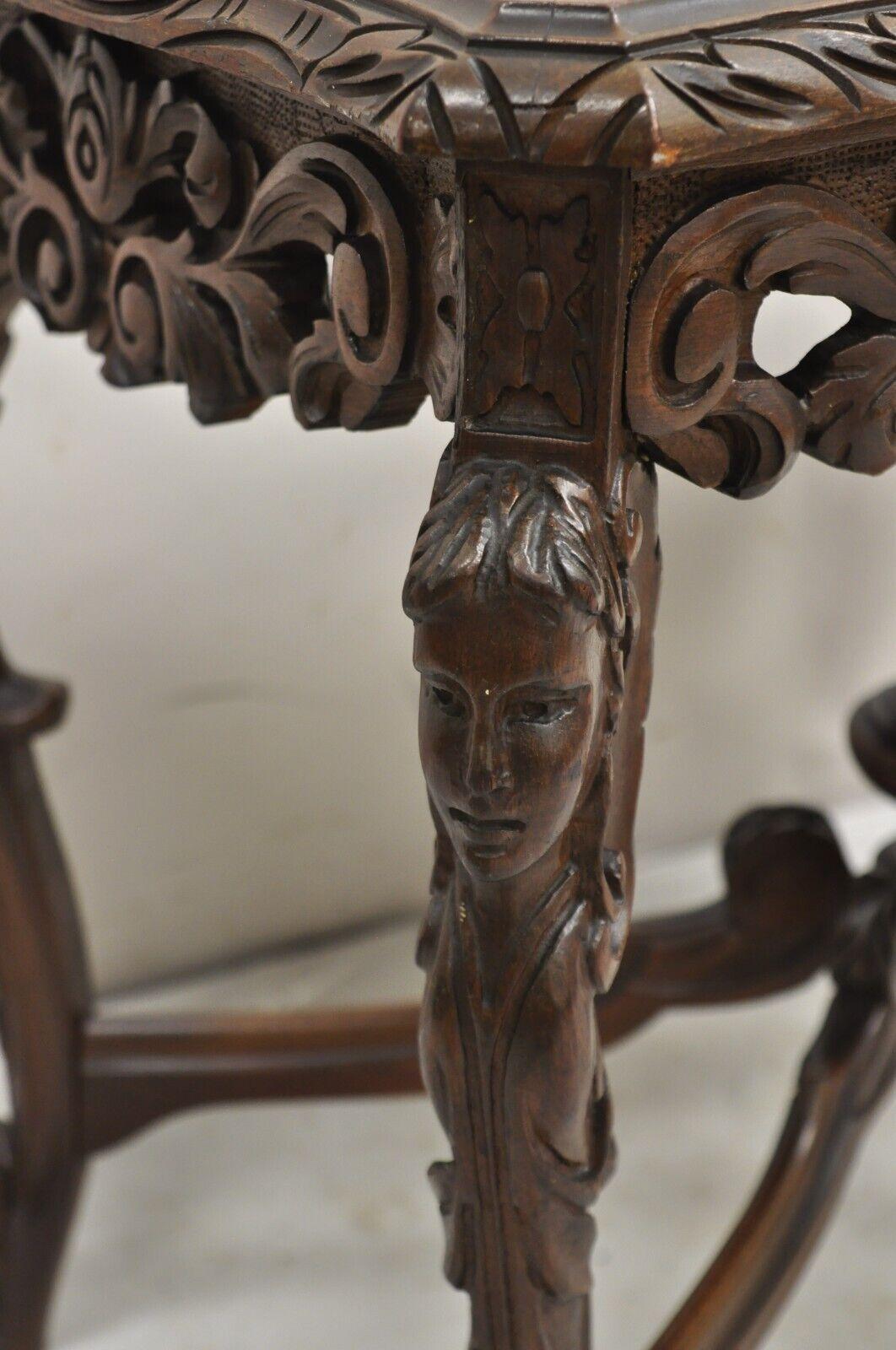 French Renaissance Figural Carved Walnut Parrot Bird & Faces Small Coffee Table For Sale 1