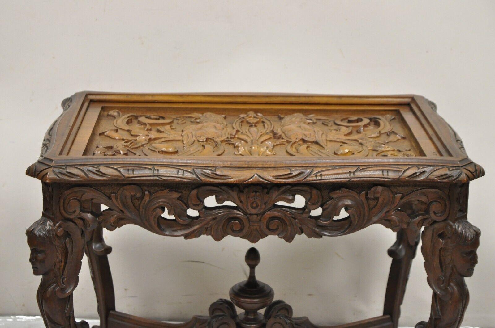French Renaissance Figural Carved Walnut Parrot Bird & Faces Small Coffee Table For Sale 3