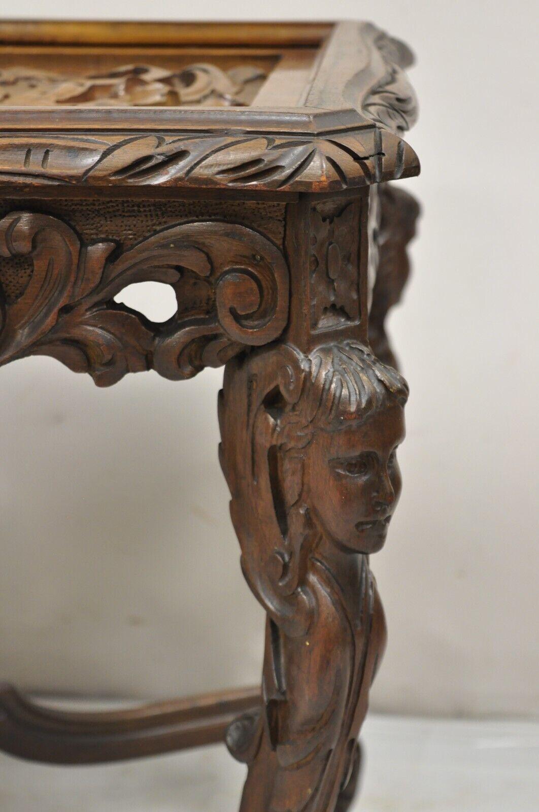French Renaissance Figural Carved Walnut Parrot Bird & Faces Small Coffee Table For Sale 5
