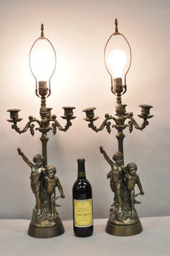 French Renaissance Figural Spelter Metal Cherub Candelabra Table Lamps - a Pair
