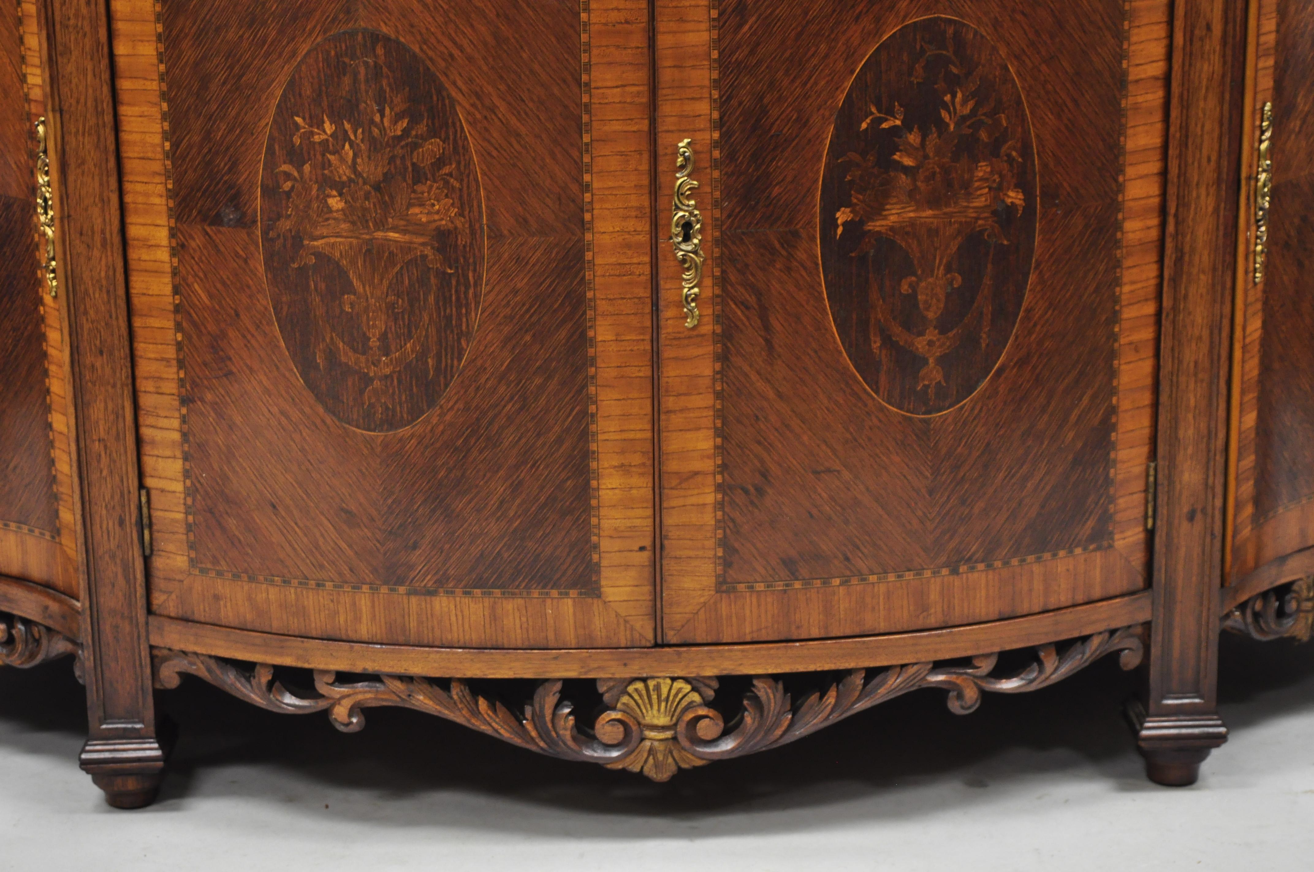 French Renaissance Louis XV Marble Top Marquetry Inlay Serpentine Buffet Commode In Good Condition For Sale In Philadelphia, PA