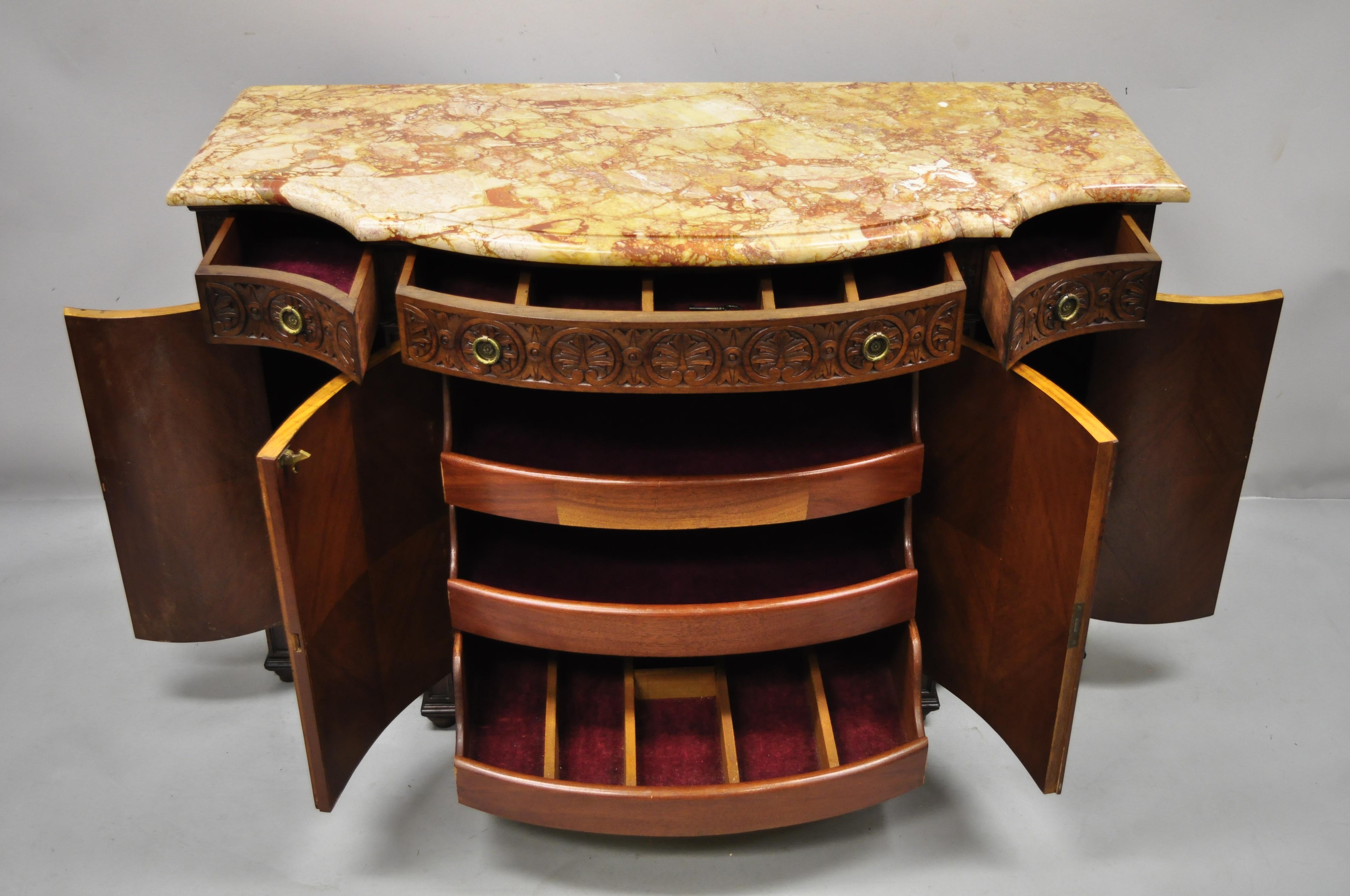 French Renaissance Louis XV Marble Top Marquetry Inlay Serpentine Buffet Commode For Sale 1