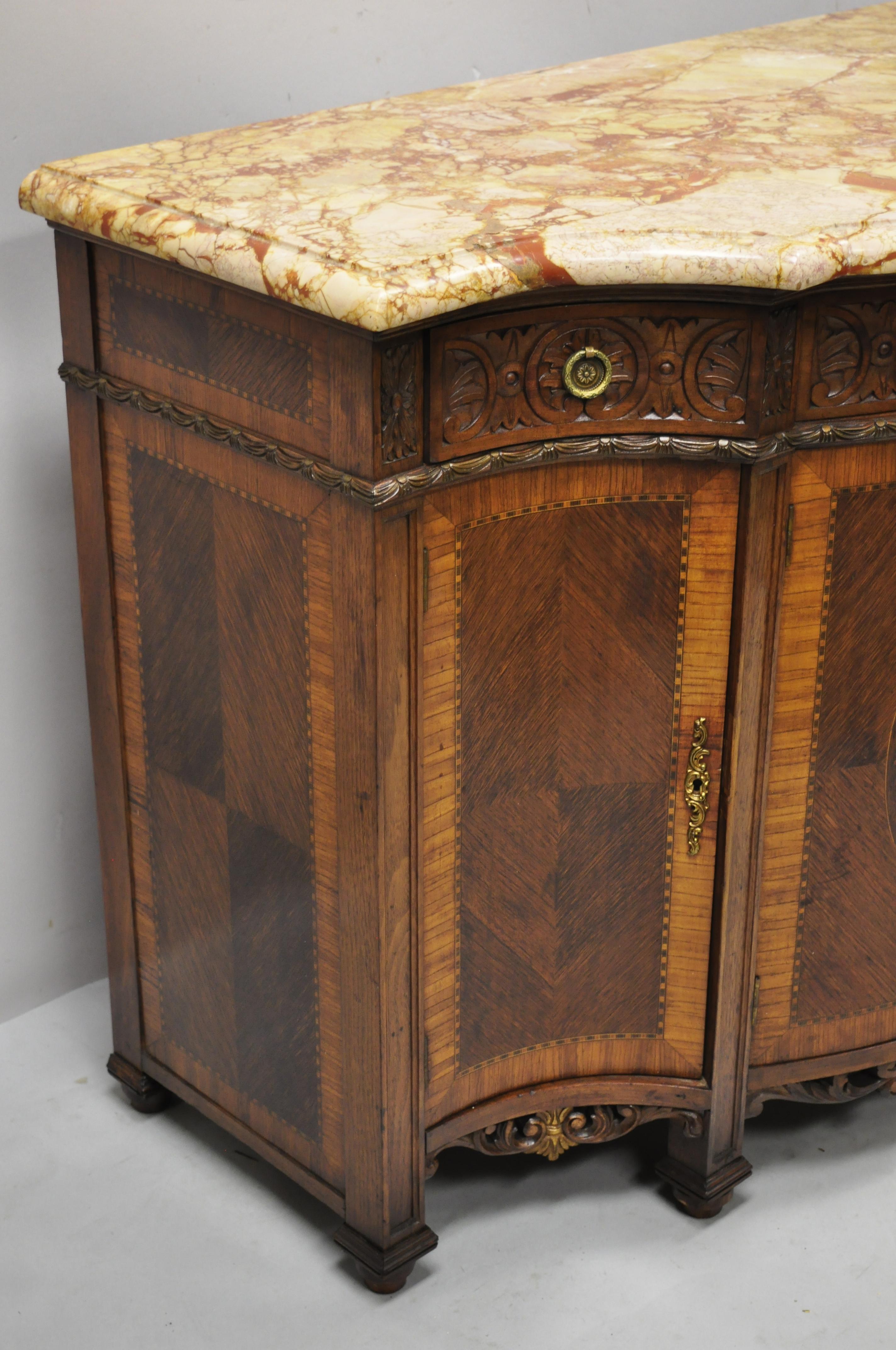French Renaissance Louis XV Marble Top Marquetry Inlay Serpentine Buffet Commode For Sale 4